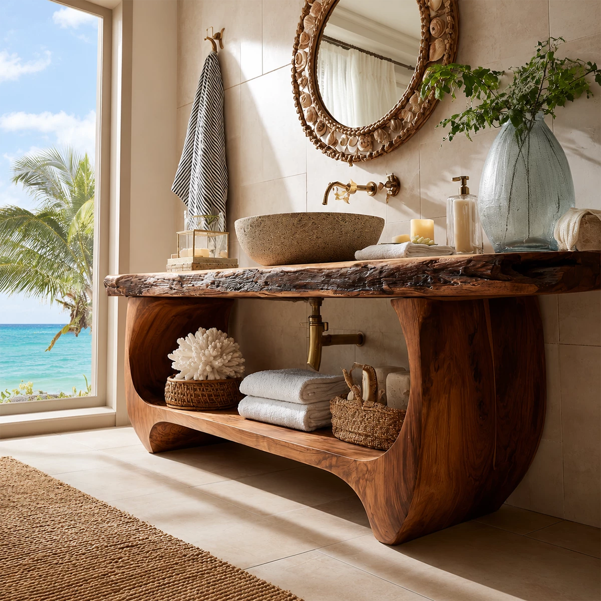 Live Edge Bathroom Vanity with Sculptural Open Shelf in Natural Solid Wood