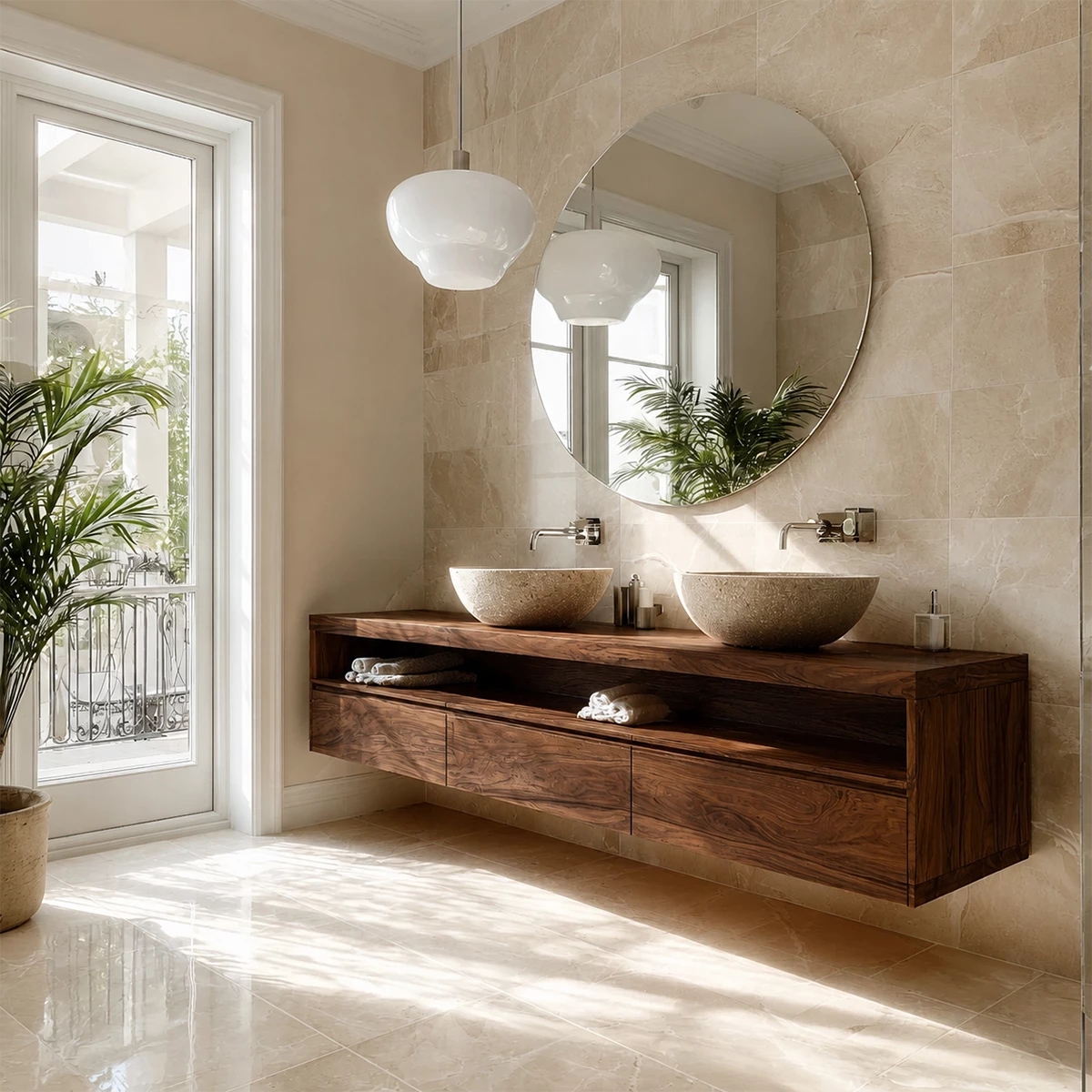 Double Sink Floating Bathroom Vanity with Open Shelf in Natural Solid Wood
