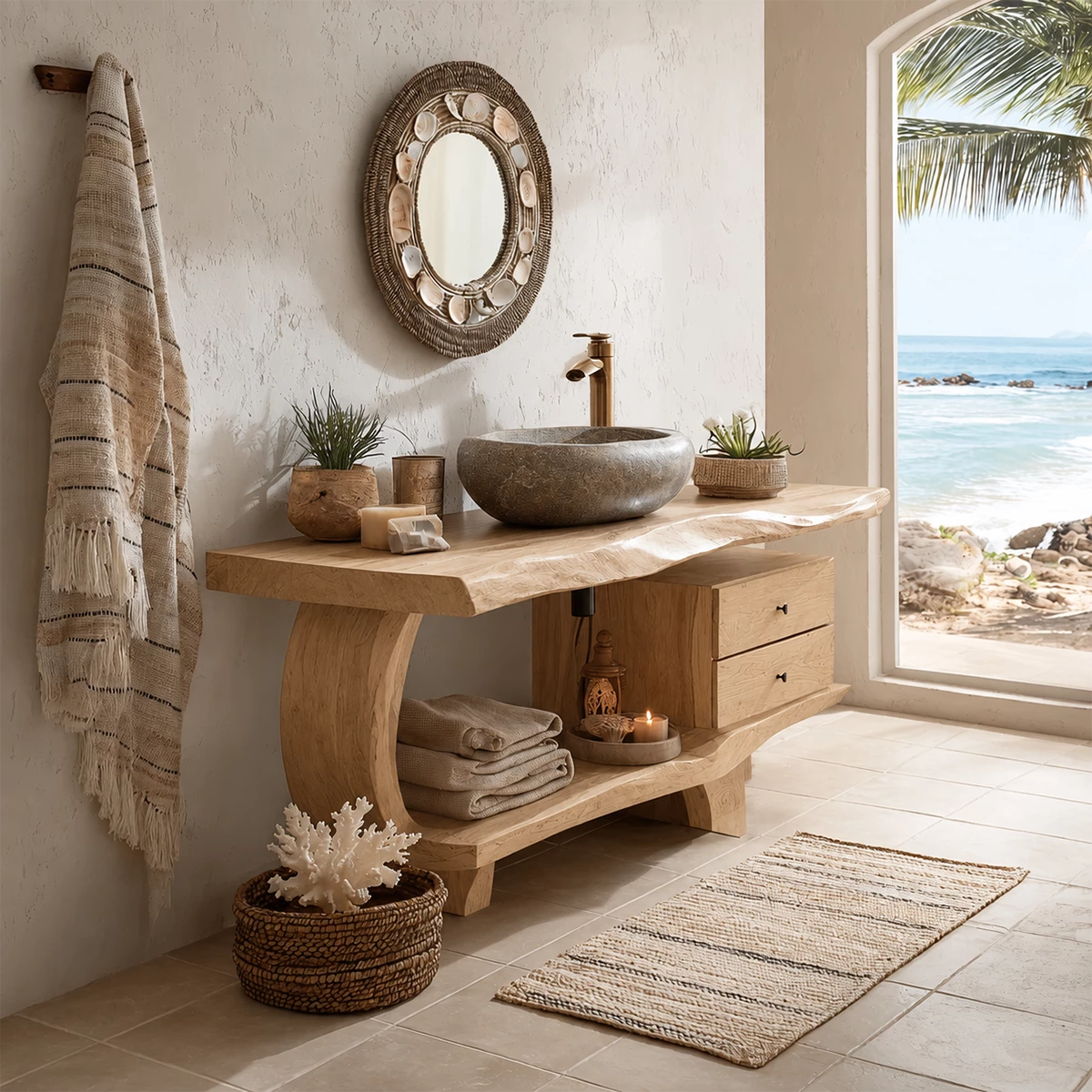 Live Edge Bathroom Vanity with Curved Open Shelf in Natural Solid Wood