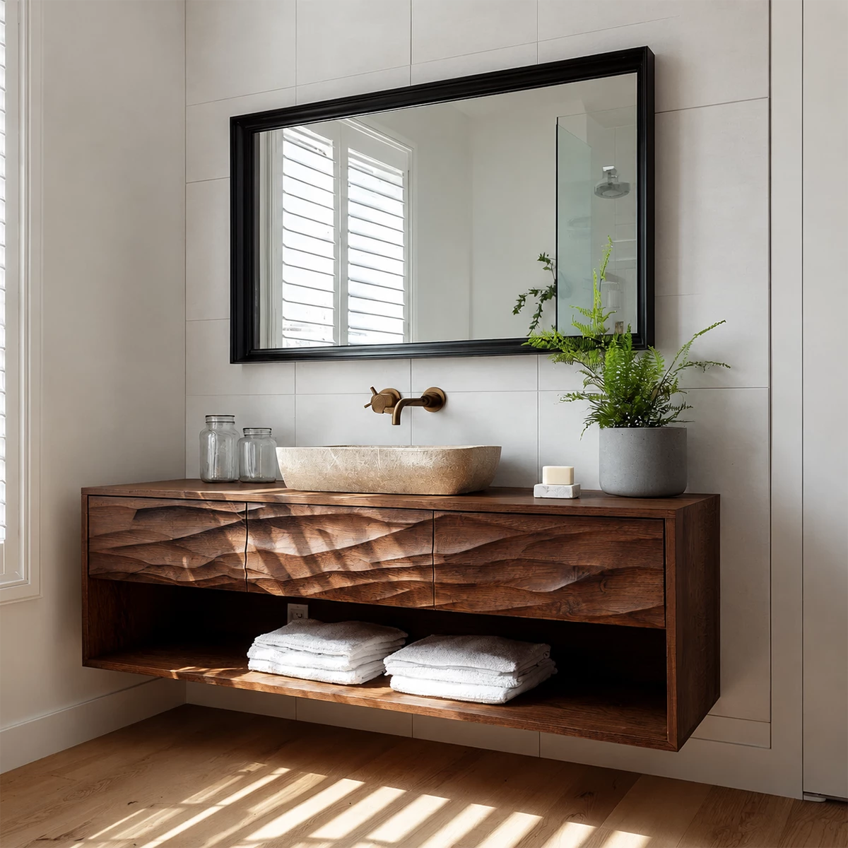Floating Bathroom Vanity with Hand-Carved Wave Drawers in Natural Solid Wood