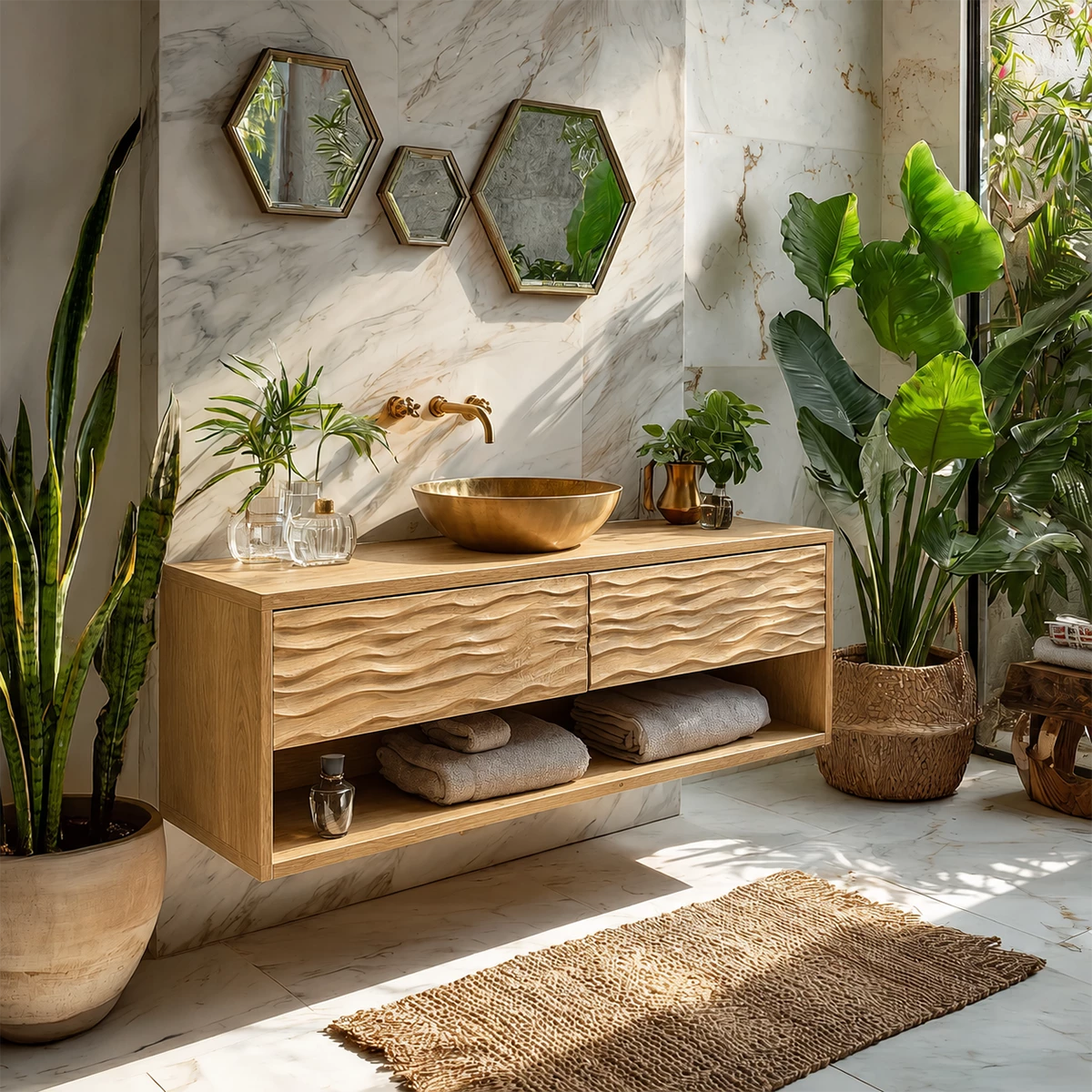 Floating Solid Wood Bathroom Vanity with Carved Wave Drawers and Open Storage