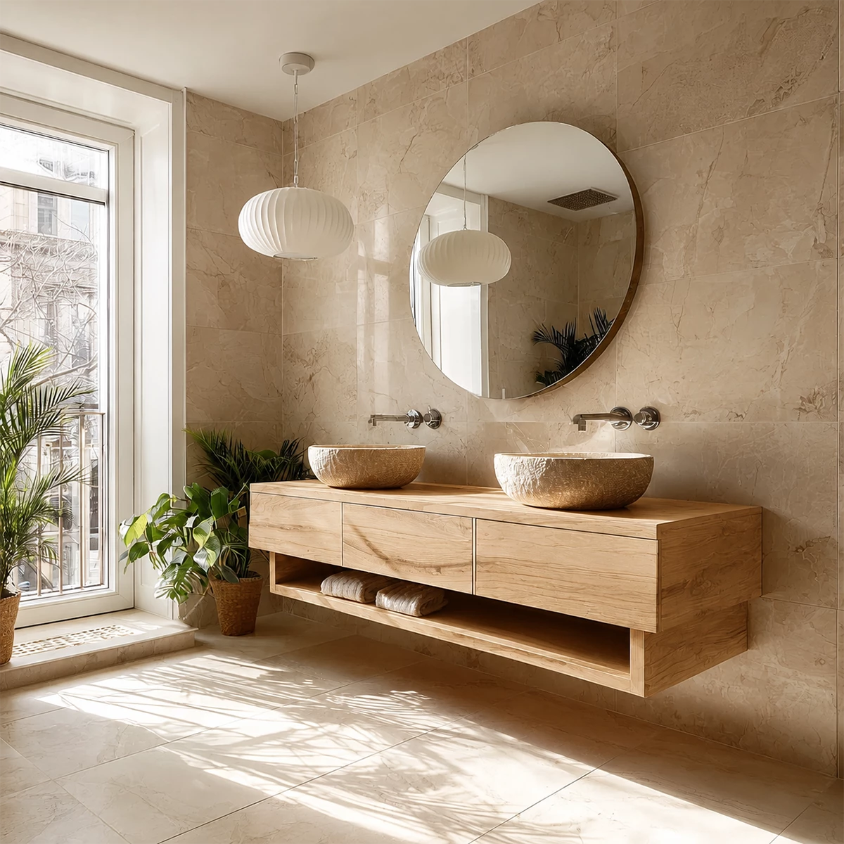 Double Sink Floating Bathroom Vanity with Open Shelf in Natural Solid Wood