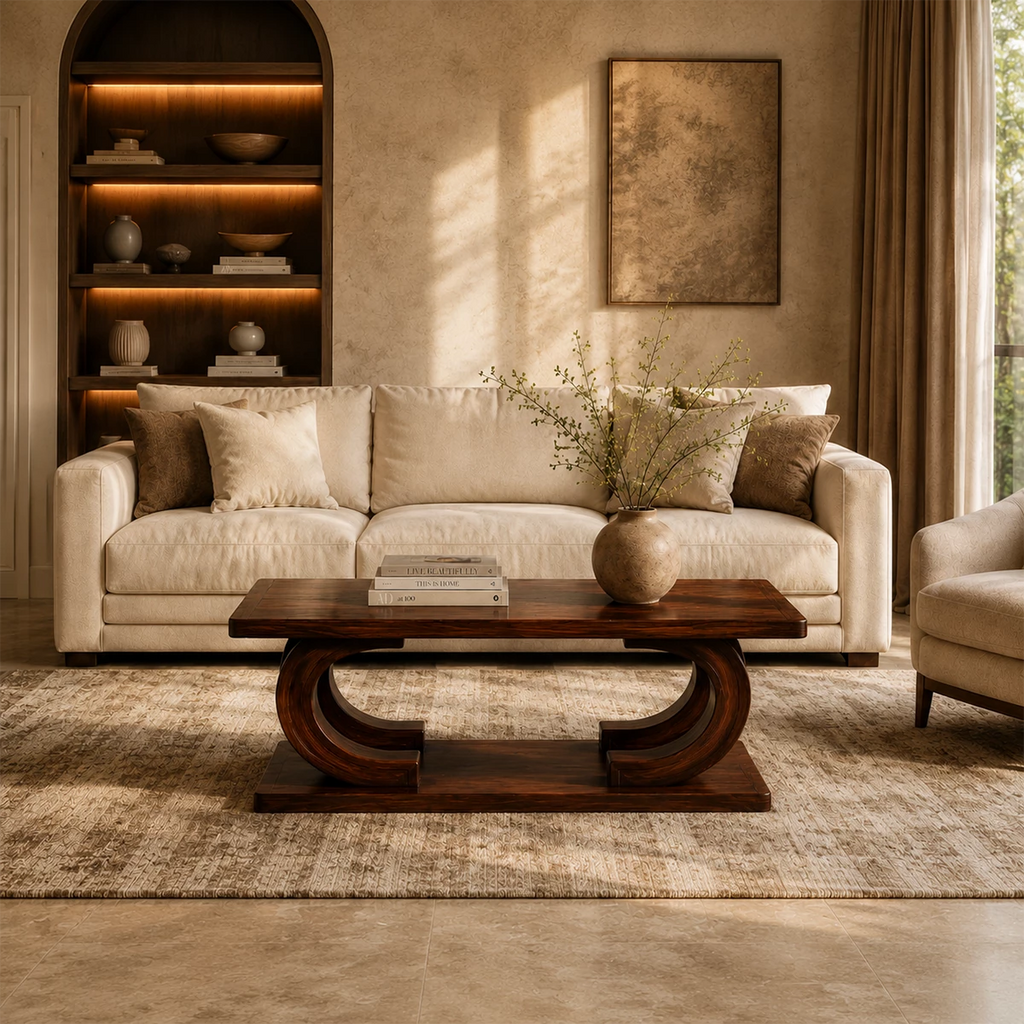 Rectangular Arch Wood Coffee Table – Sculptural Natural Wood Center Table for Living Room