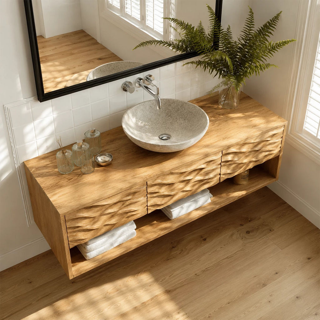 Floating Solid Wood Bathroom Vanity with Carved Wave Front and Open Shelf