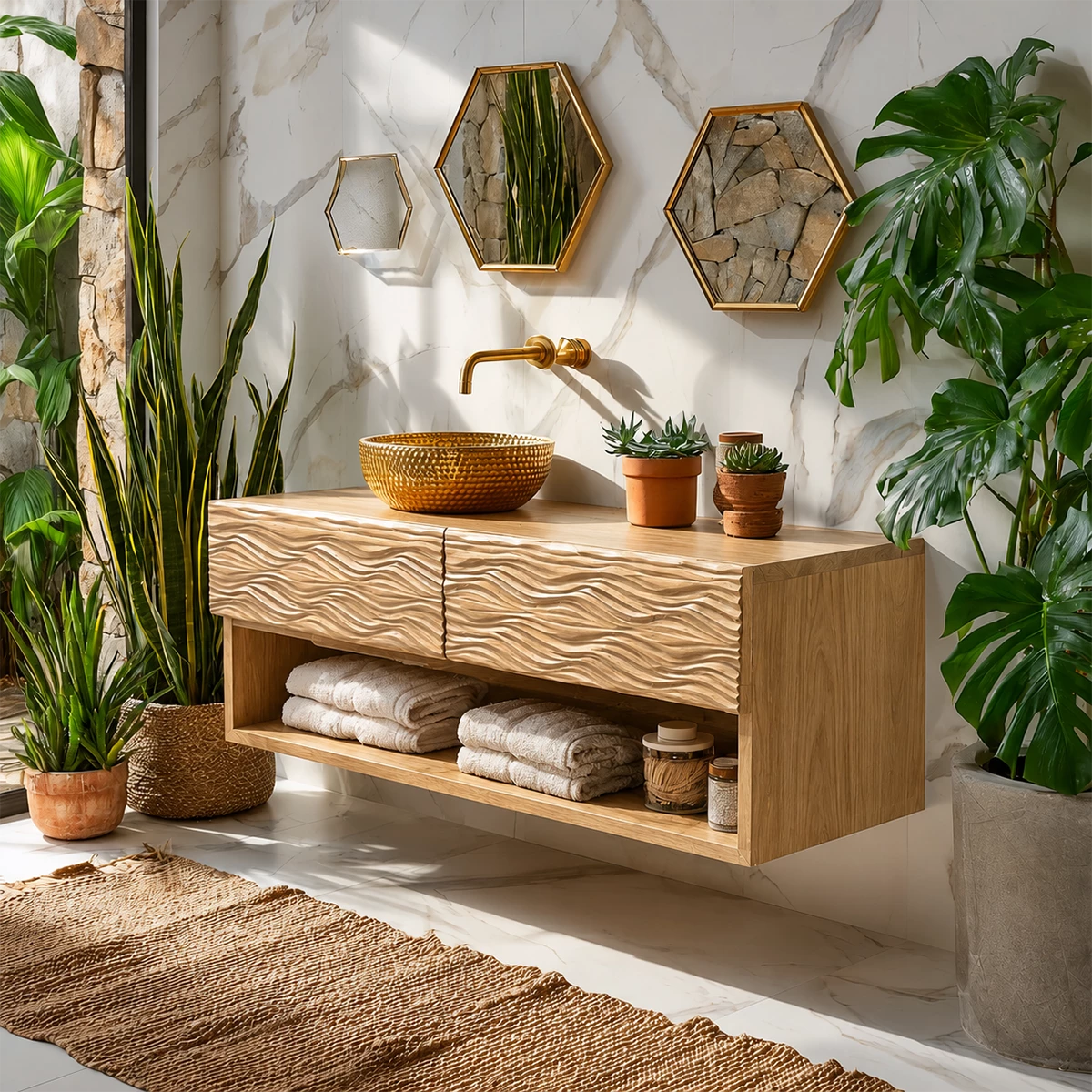 Floating Solid Wood Bathroom Vanity with Carved Wave Doors and Open Shelf