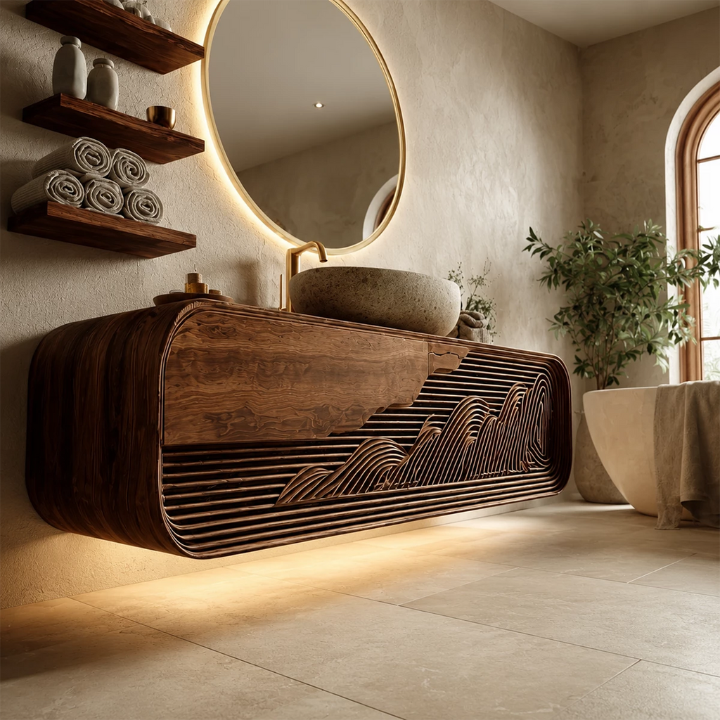 Floating Solid Wood Bathroom Vanity with Mountain Relief Front Design
