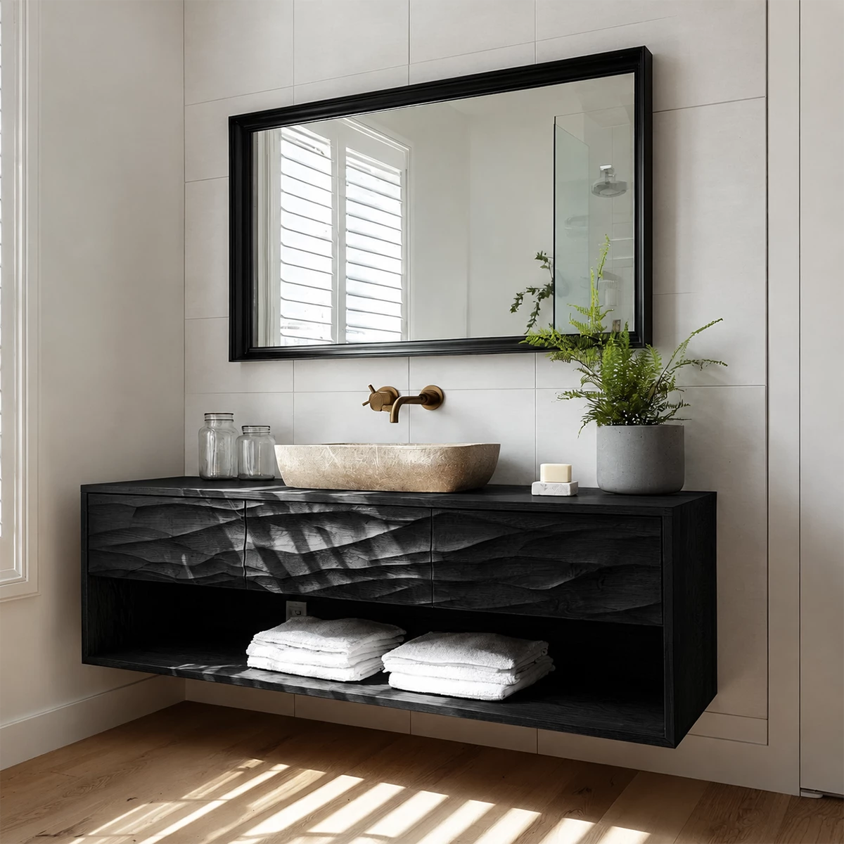 Floating Bathroom Vanity with Hand-Carved Wave Drawers in Natural Solid Wood