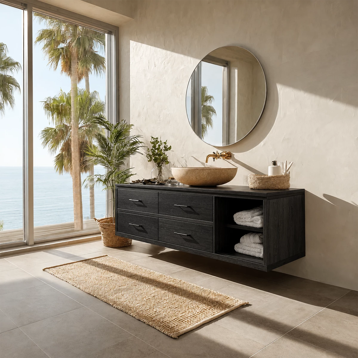 Floating Bathroom Vanity with Open Shelf and Four Drawers in Natural Solid Wood