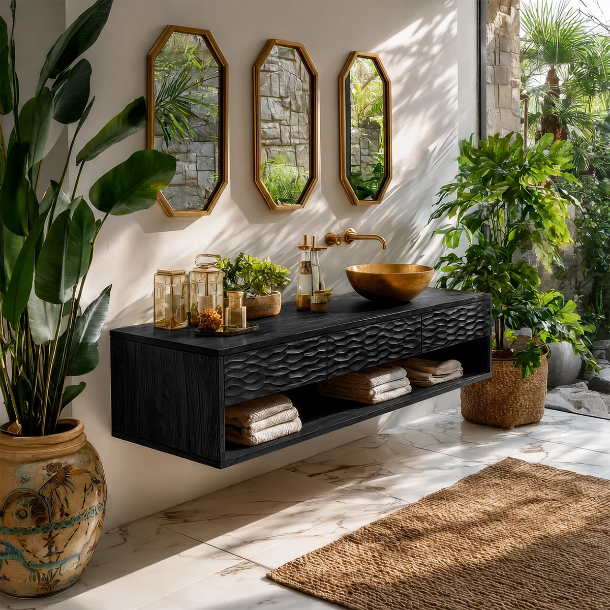 Handcrafted Floating Bathroom Vanity with Carved Drawer Fronts in Natural Solid Wood