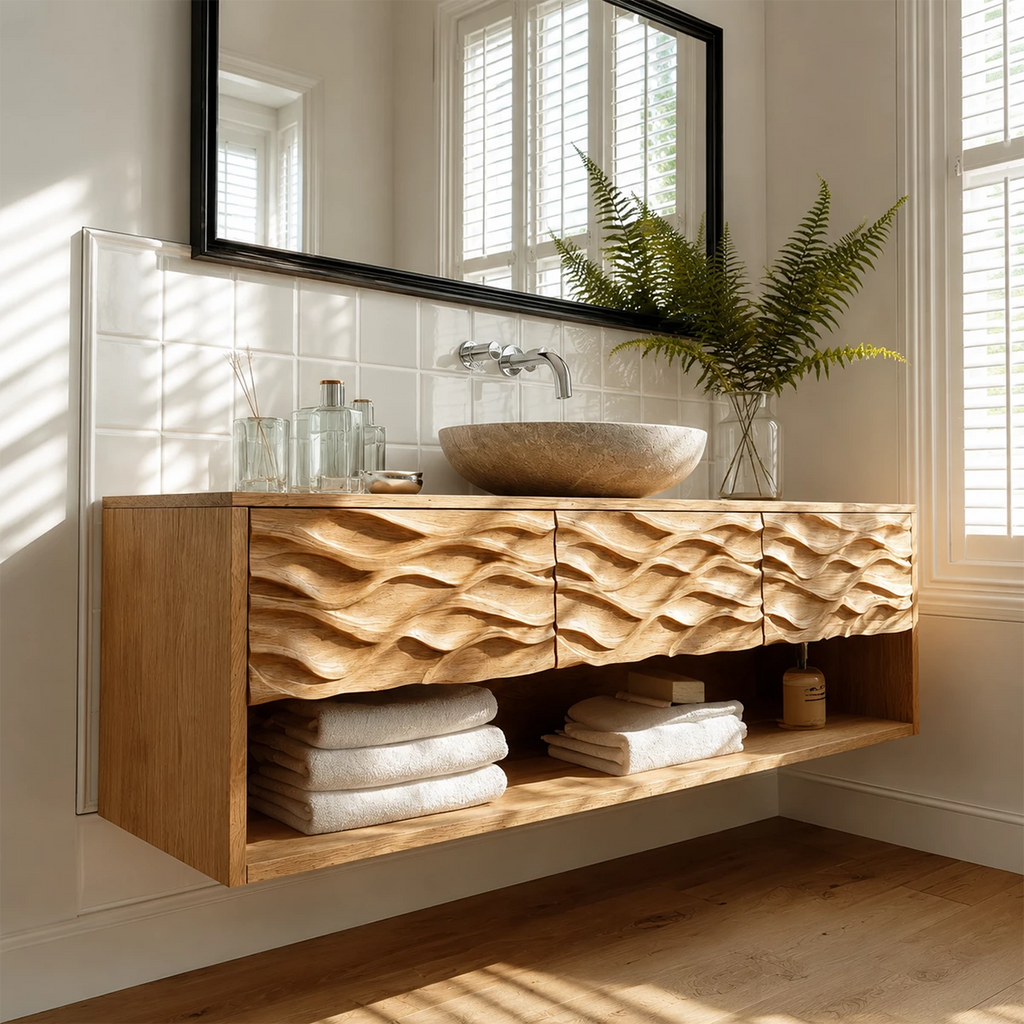 Floating Solid Wood Bathroom Vanity with Carved Wave Front and Open Shelf
