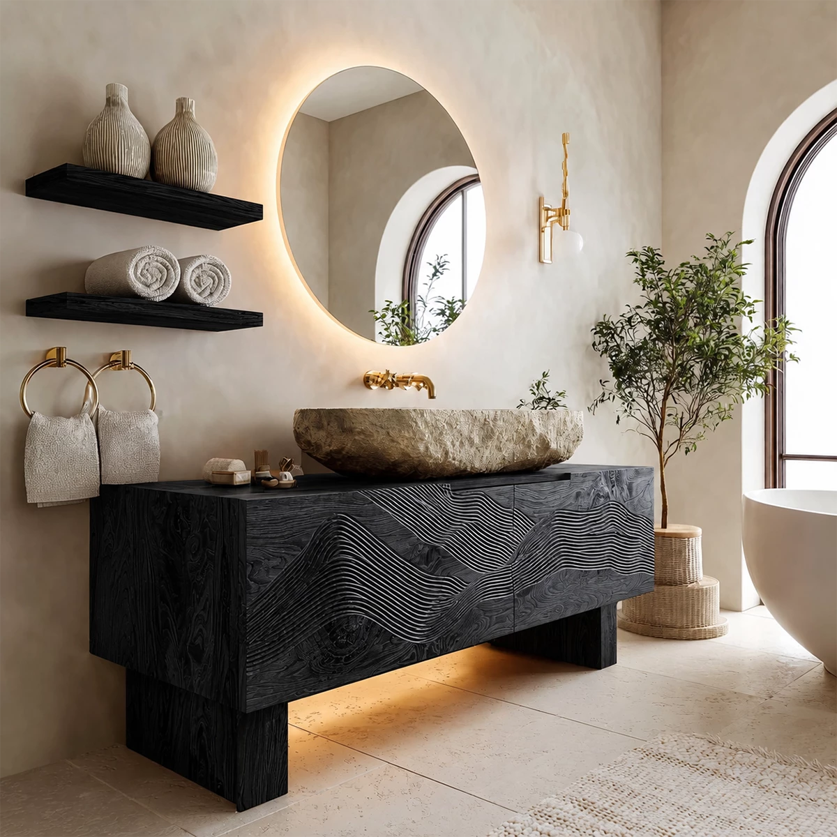 Artistic Bathroom Vanity with Layered Wave Carved Front in Natural Solid Wood