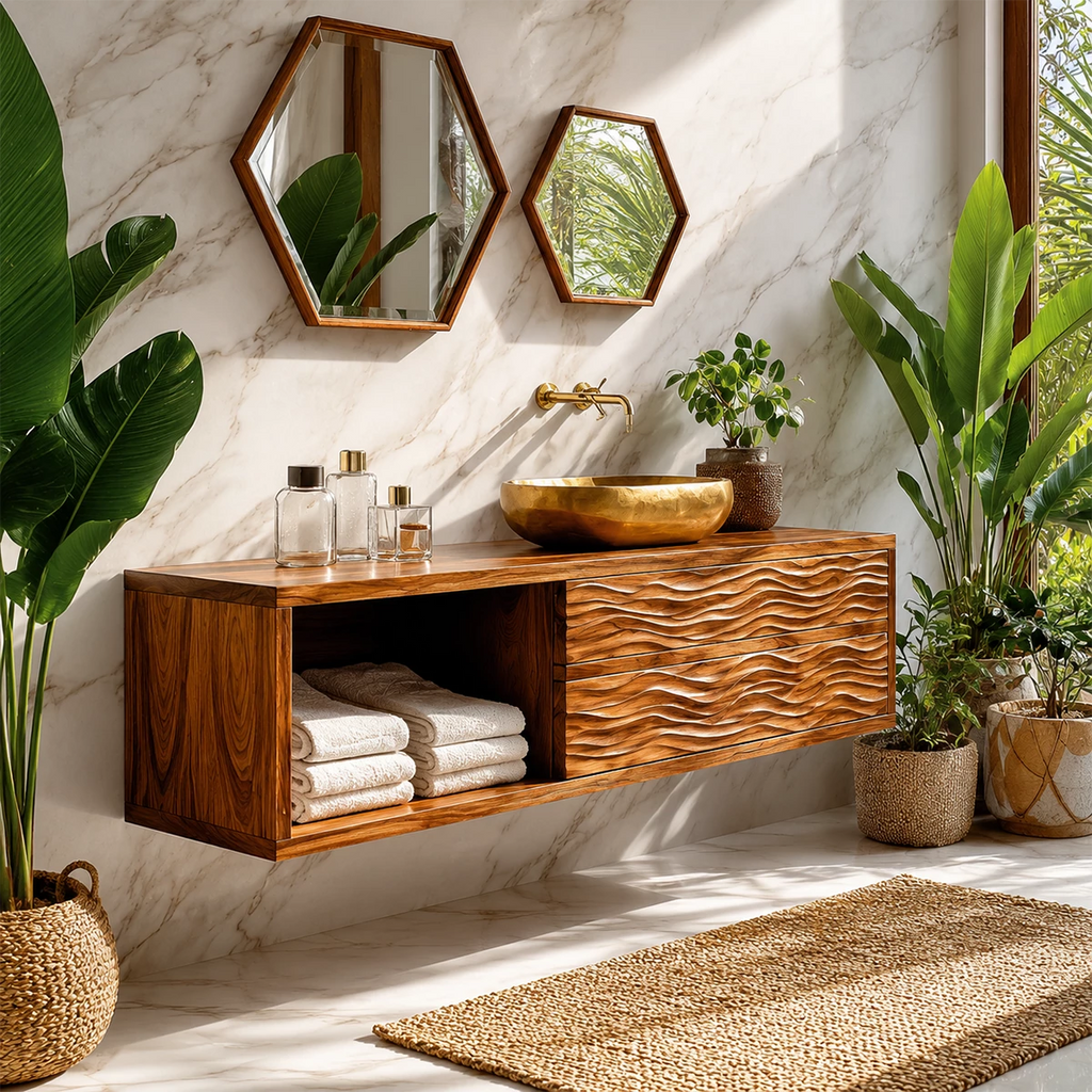 Floating Solid Wood Bathroom Vanity with Wave Carved Drawers and Open Shelf