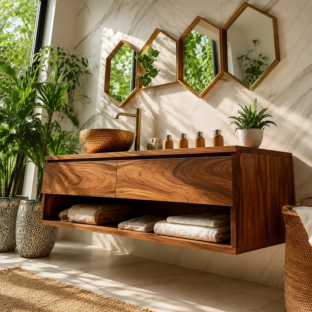 Floating Bathroom Vanity with Open Shelf and Dual Drawers in Natural Solid Wood