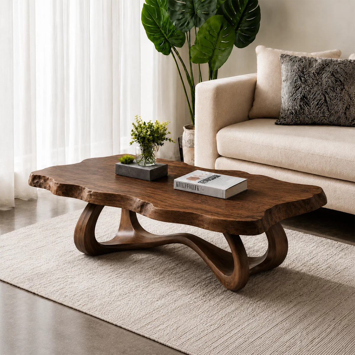 Live Edge Burl Wood Coffee Table – Sculptural Natural Wood Center Table for Modern Living Room