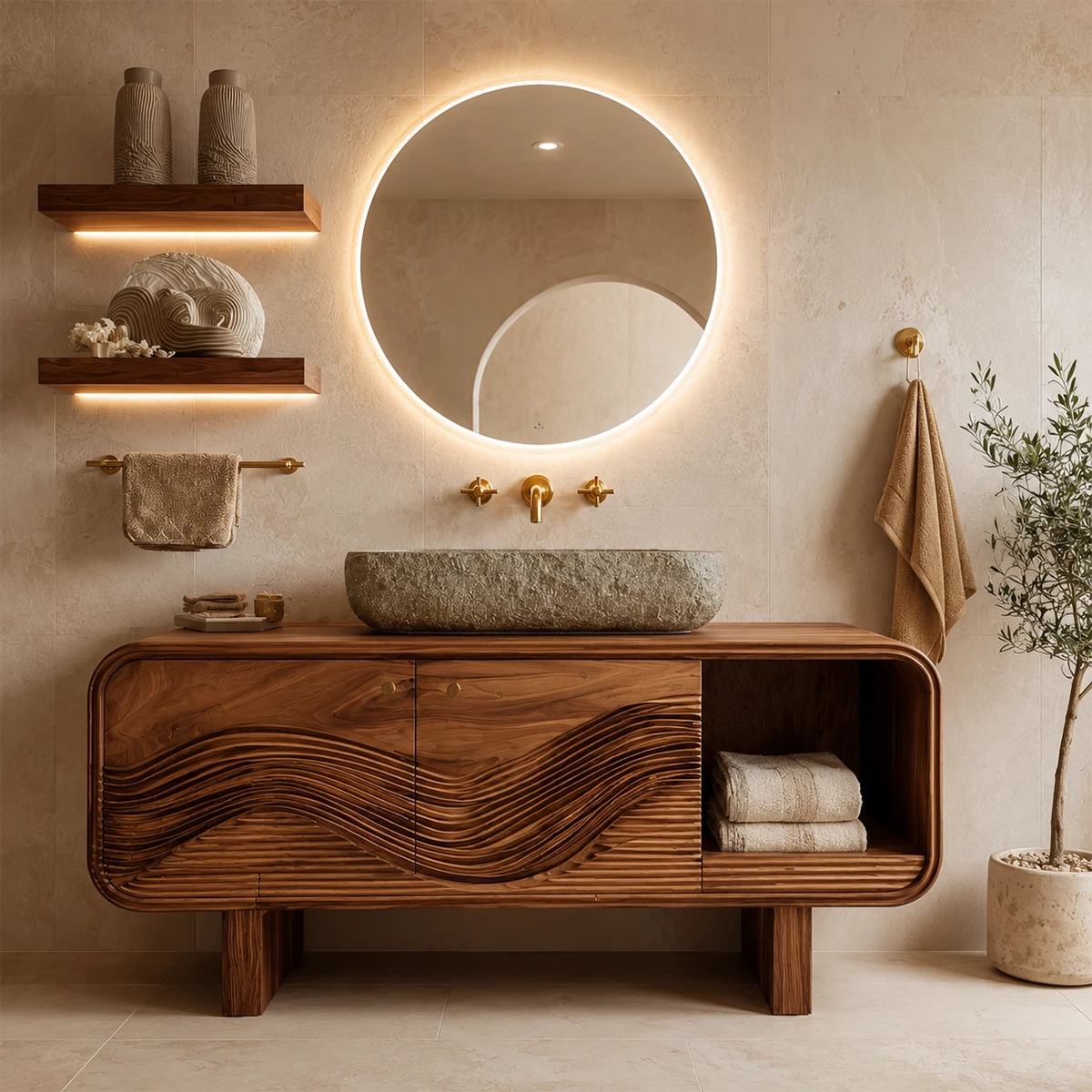 Modern Solid Wood Bathroom Vanity with Sculpted Wave Front and Open Shelf