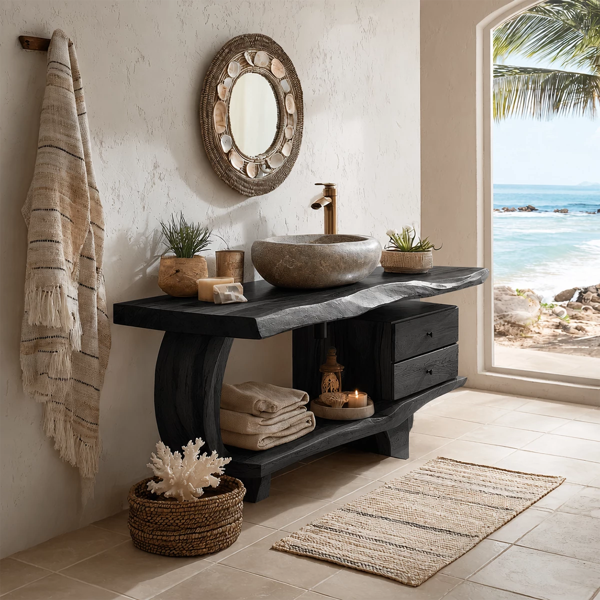Live Edge Bathroom Vanity with Curved Open Shelf in Natural Solid Wood