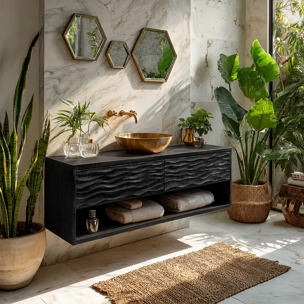 Floating Solid Wood Bathroom Vanity with Carved Wave Drawers and Open Storage