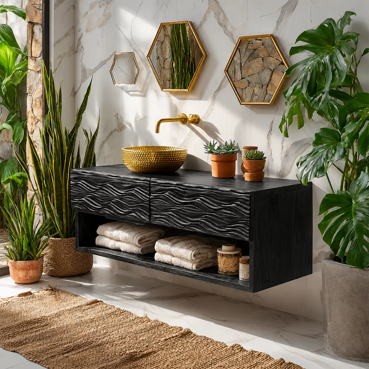 Floating Solid Wood Bathroom Vanity with Carved Wave Doors and Open Shelf