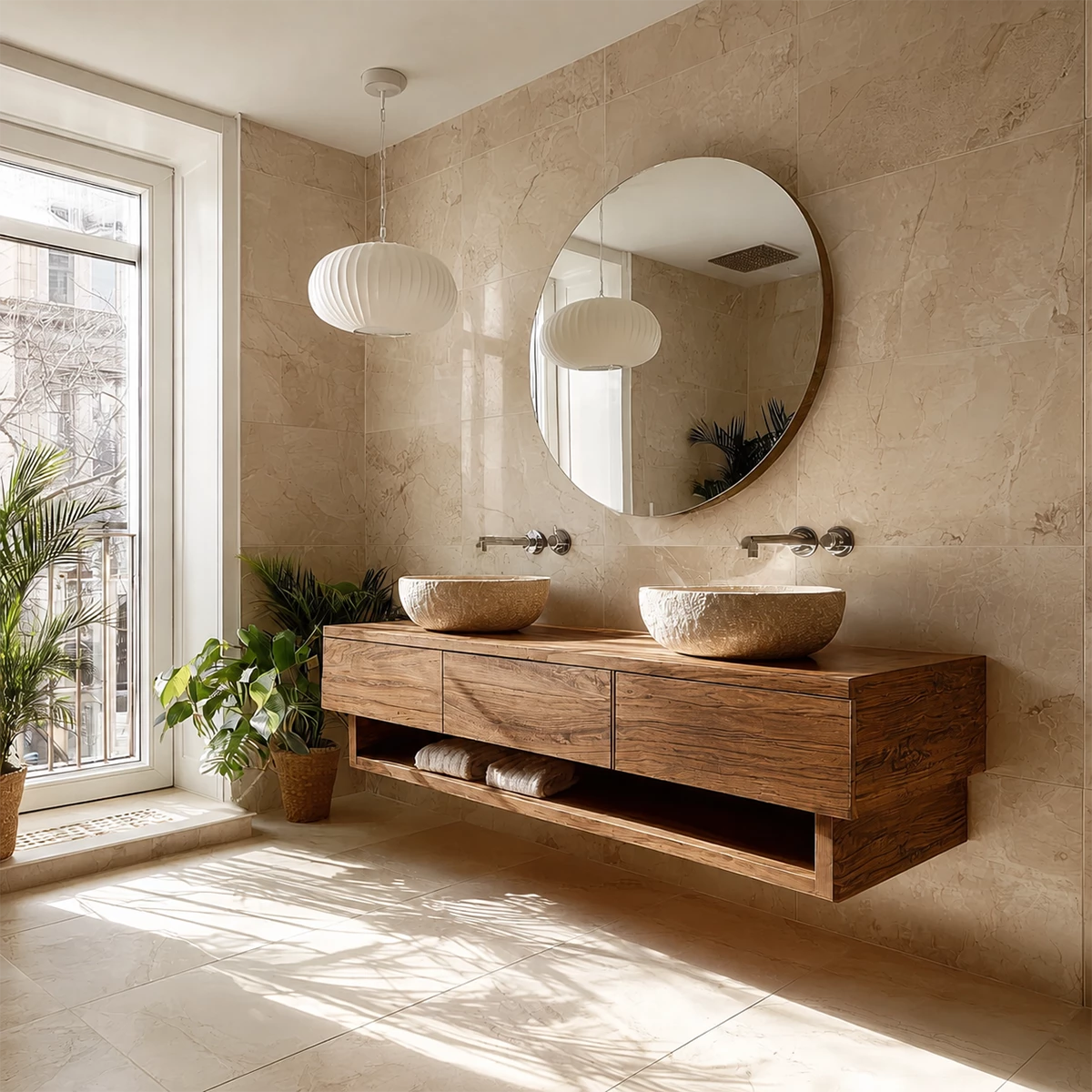 Double Sink Floating Bathroom Vanity with Open Shelf in Natural Solid Wood