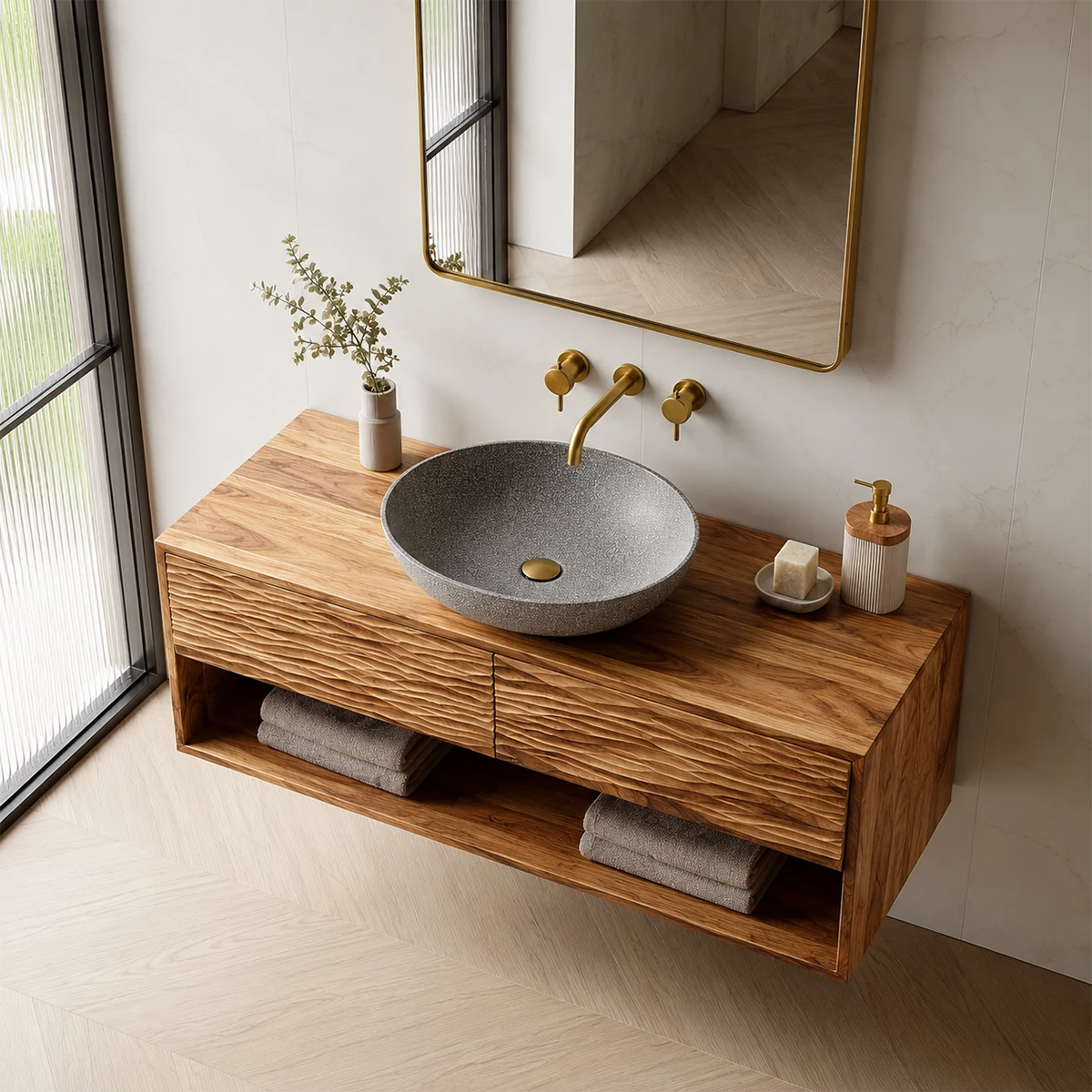 Floating Solid Wood Bathroom Vanity with Textured Front & Open Shelf Storage