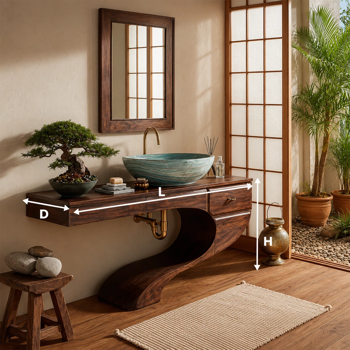 Floating Bathroom Vanity with Sculptural S-Curve Base in Natural Solid Wood