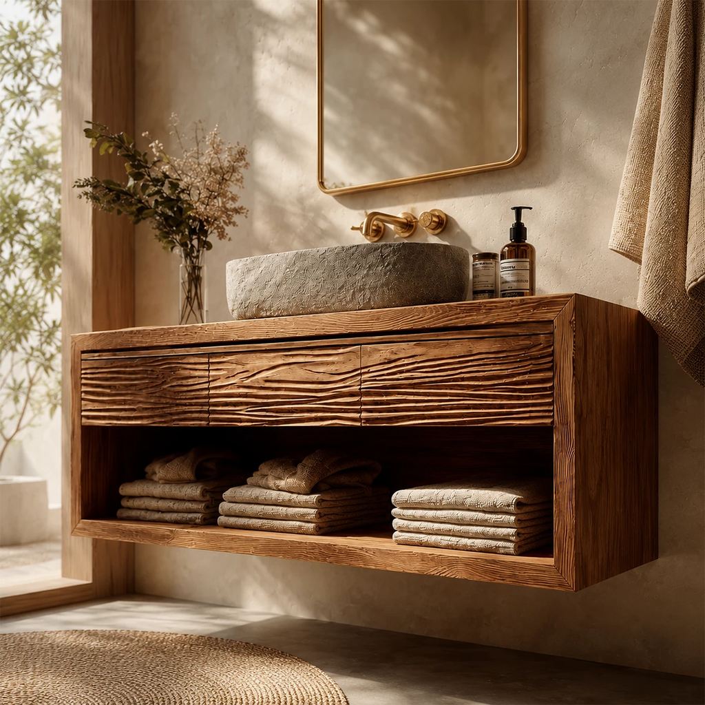 Floating Bathroom Vanity with Textured Wood Drawers and Open Shelf in Natural Solid Wood