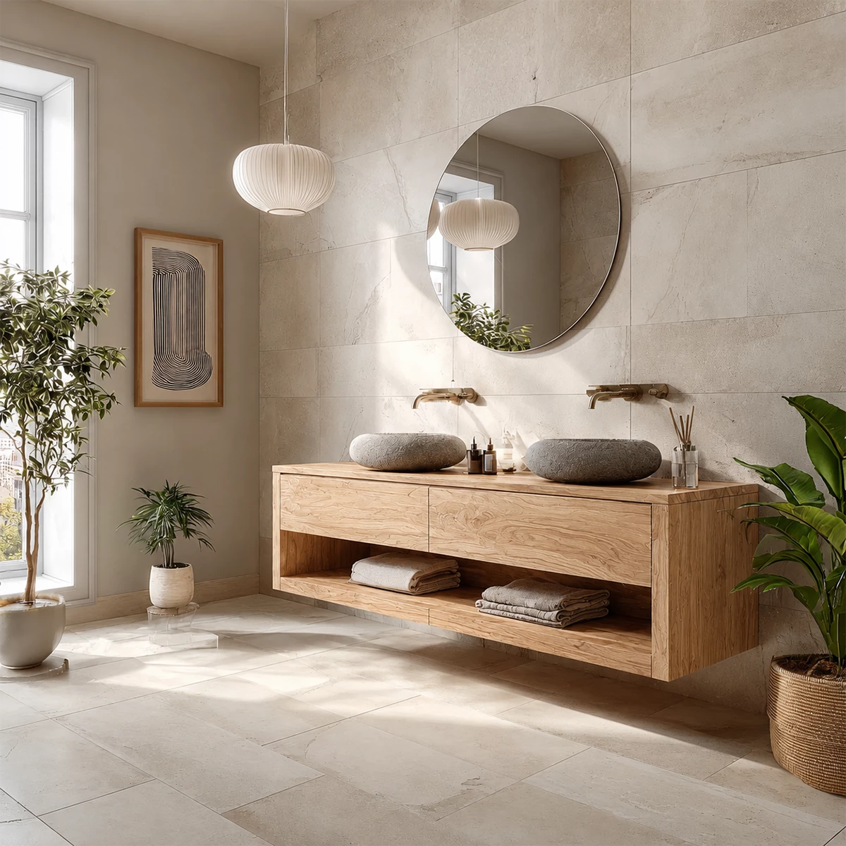 Floating Double Sink Solid Wood Bathroom Vanity with Open Shelf Storage