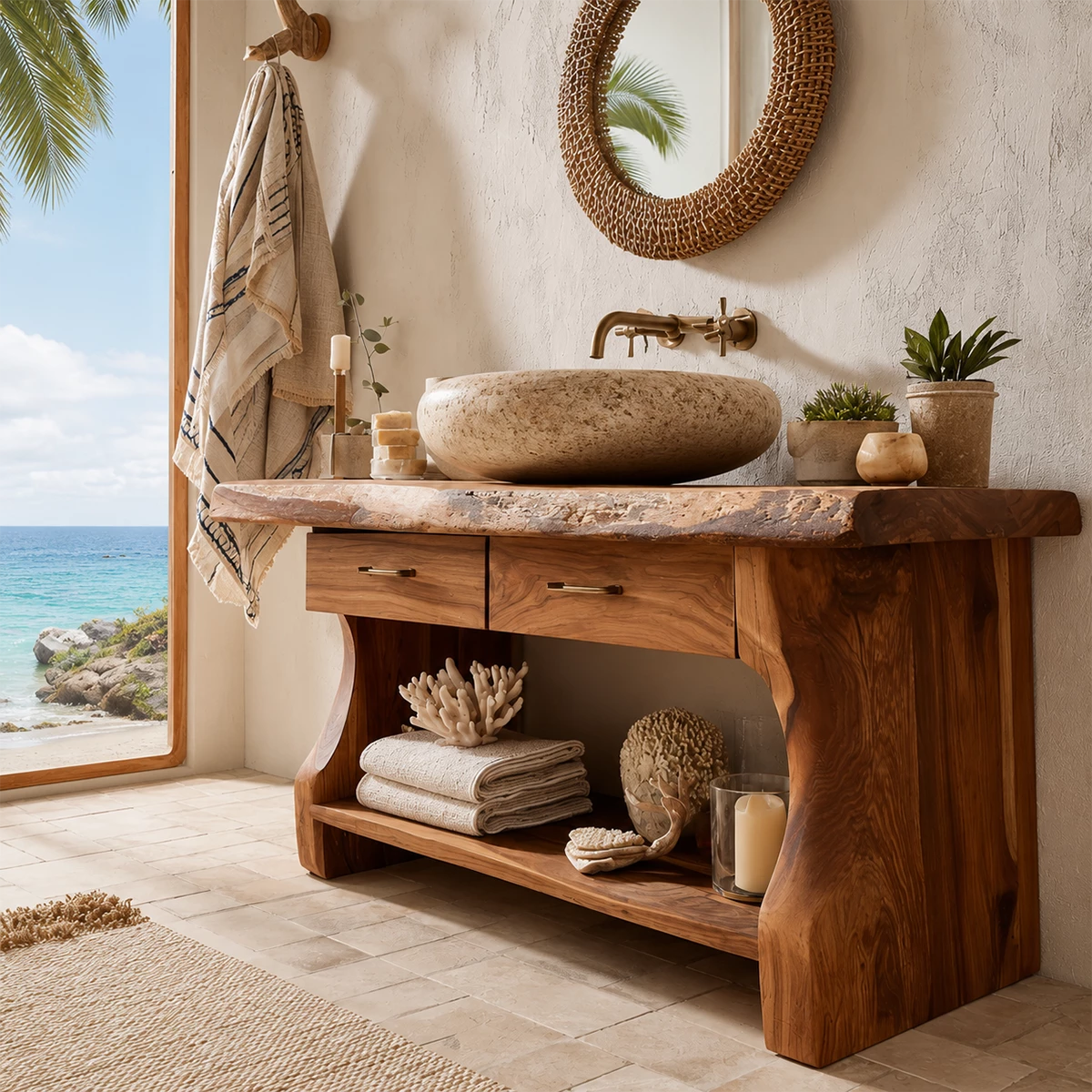 Live Edge Bathroom Vanity with Open Shelf in Natural Solid Wood