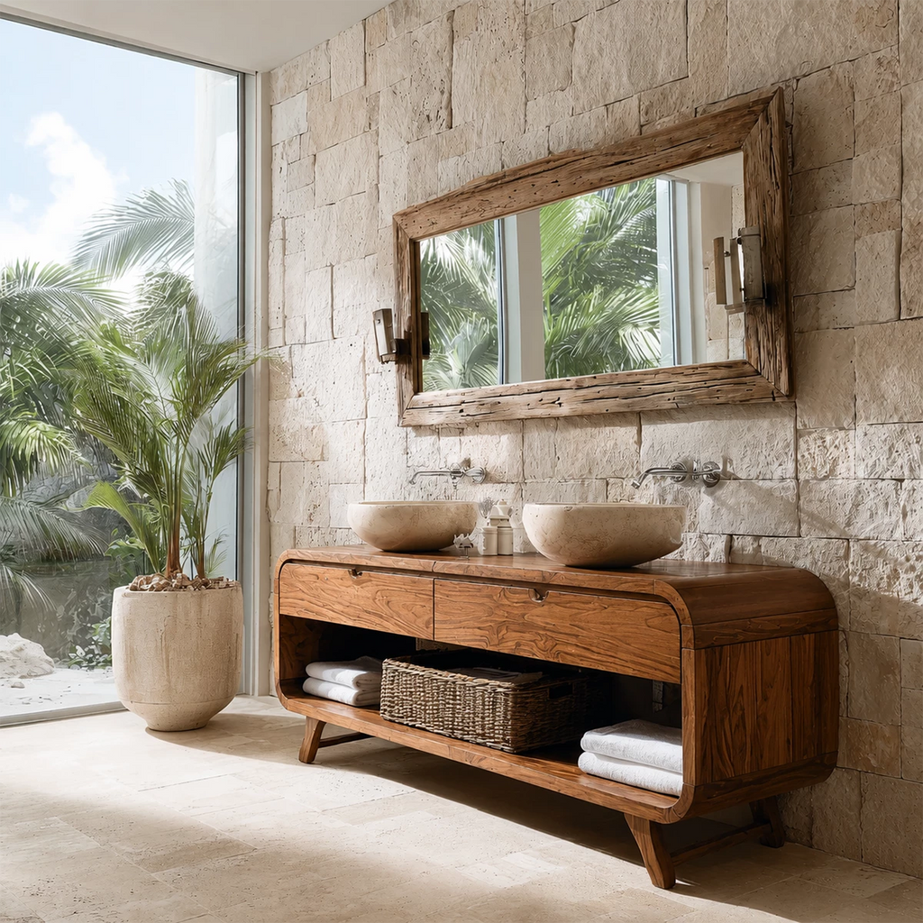 Double Sink Bathroom Vanity with Rounded Corners in Natural Solid Wood