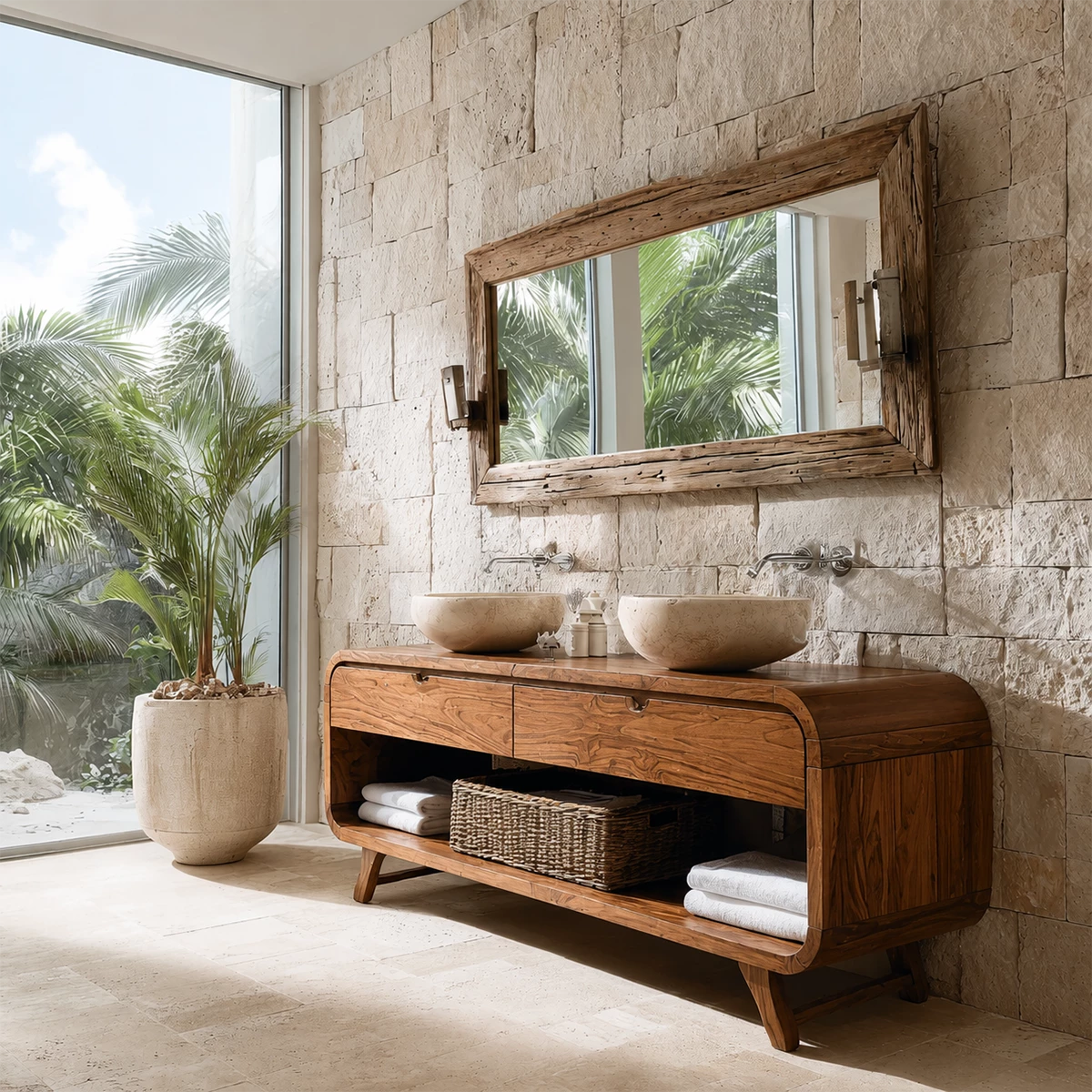 Double Sink Bathroom Vanity with Rounded Corners in Natural Solid Wood