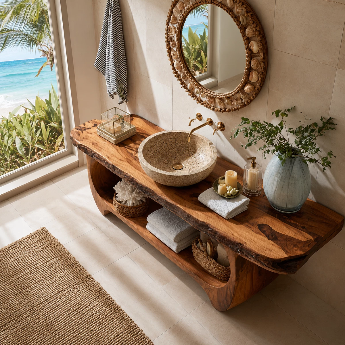 Live Edge Bathroom Vanity with Sculptural Open Shelf in Natural Solid Wood