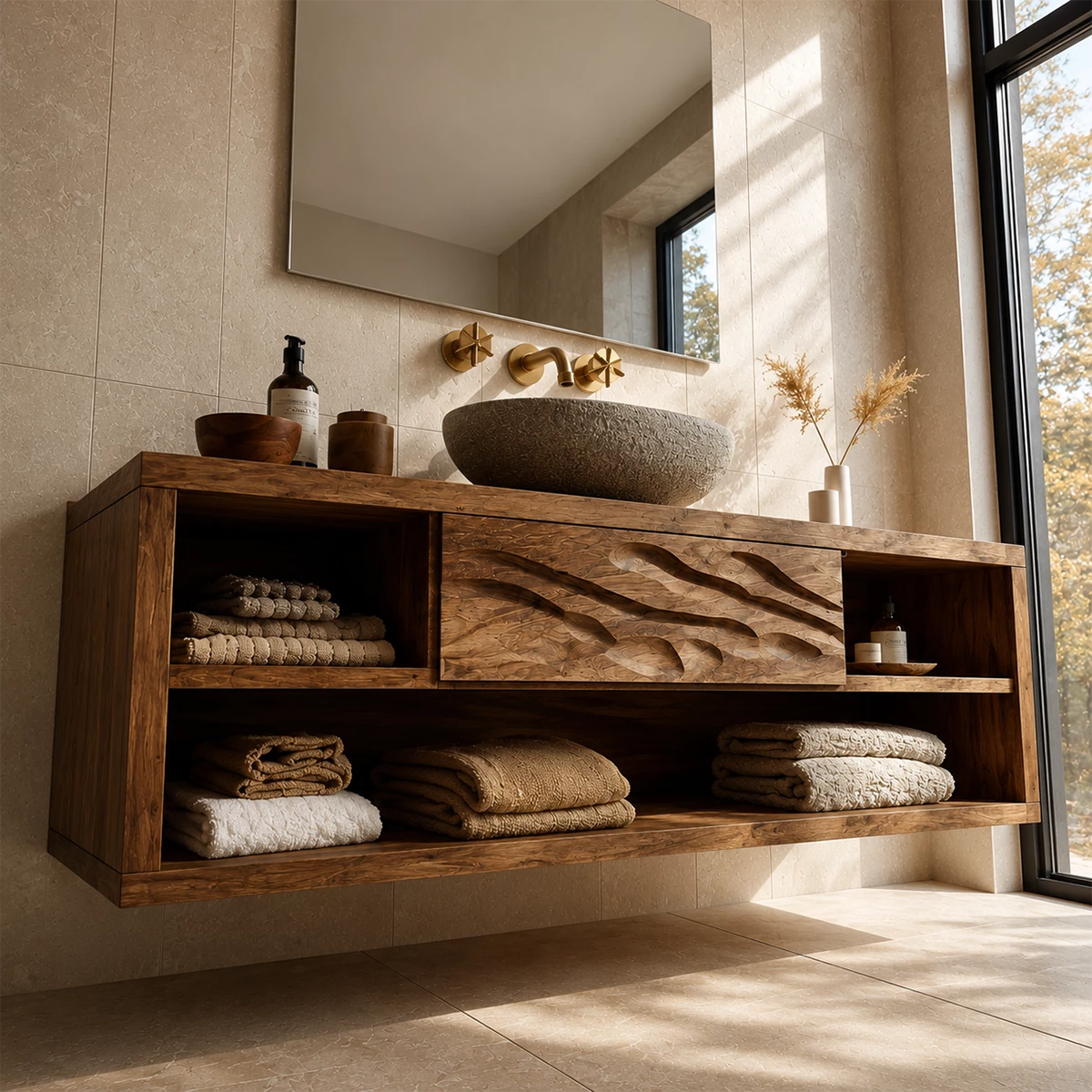 Floating Bathroom Vanity with Wave-Carved Drawer in Natural Solid Wood