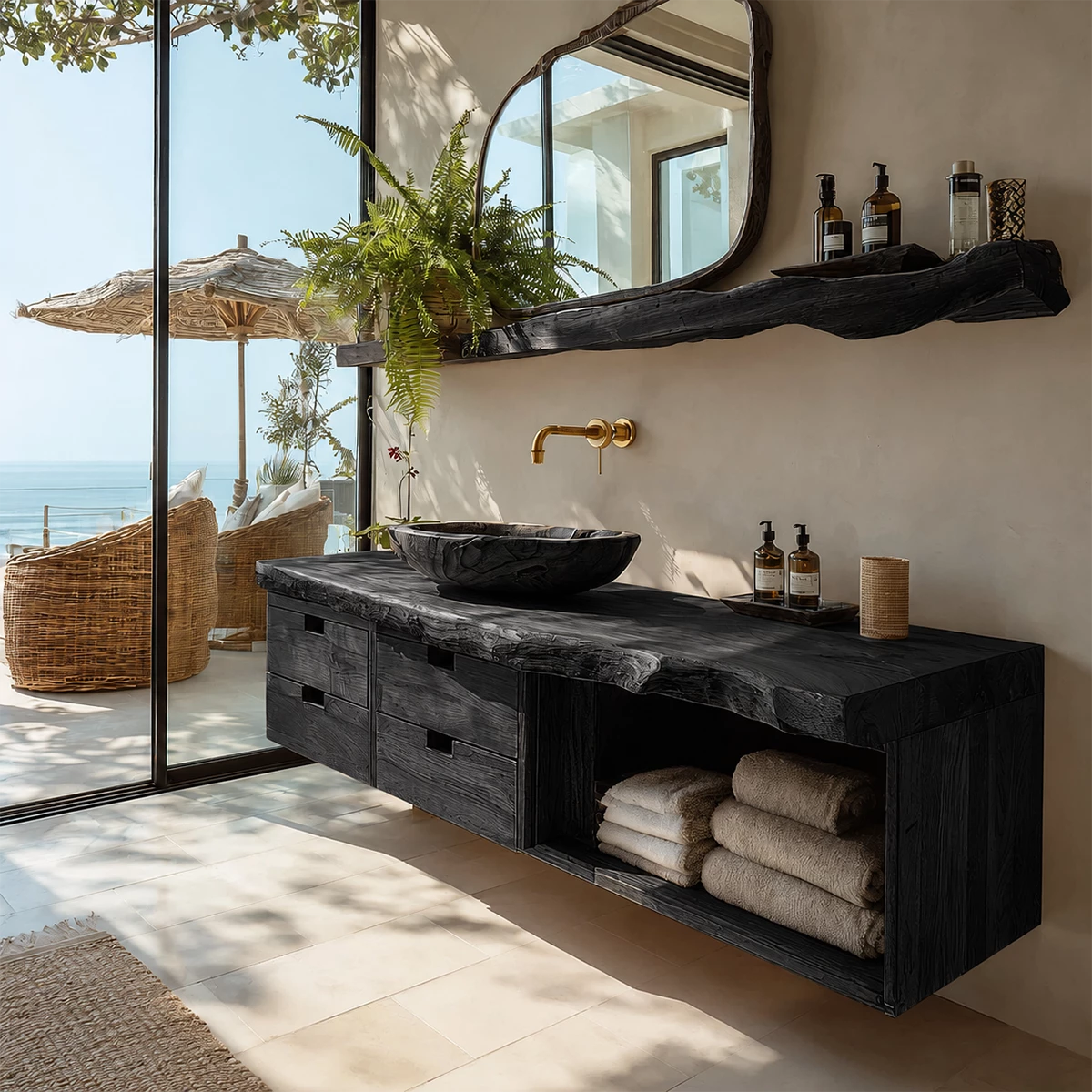 Floating Live Edge Solid Wood Bathroom Vanity with Four Drawers and Open Shelf