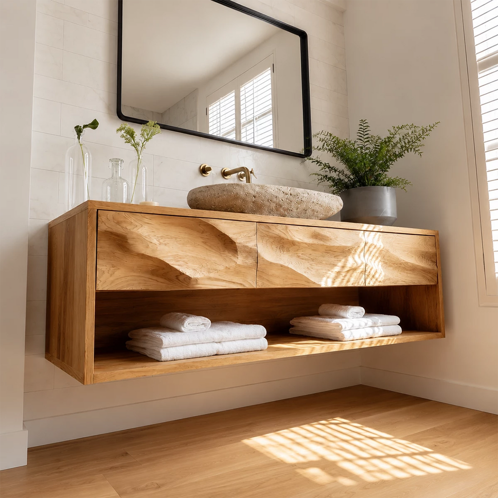Floating Bathroom Vanity with Sculpted Drawer Fronts in Natural Solid Wood