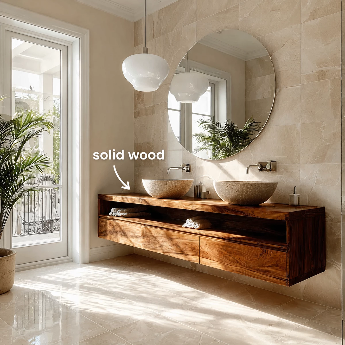 Double Sink Floating Bathroom Vanity with Open Shelf in Natural Solid Wood