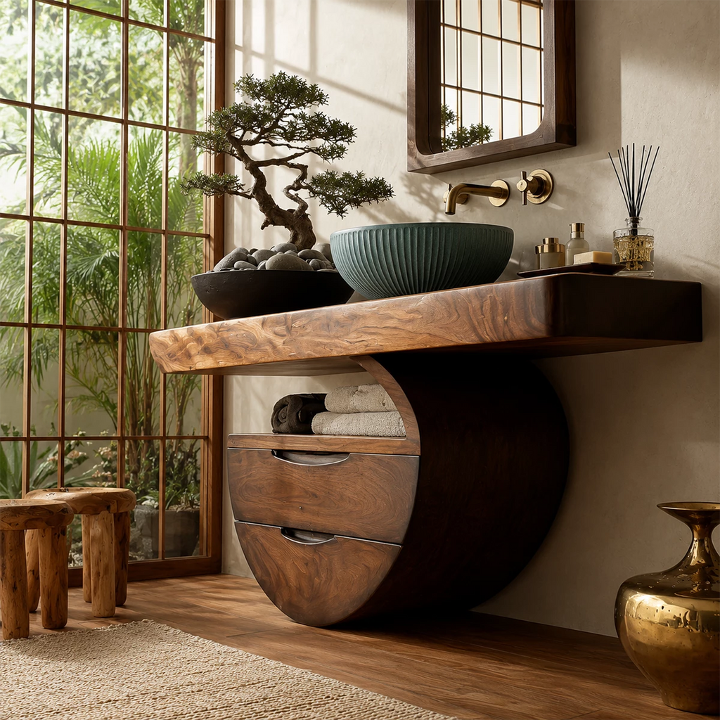 Sculptural Floating Bathroom Vanity with Curved Storage Base in Natural Solid Wood