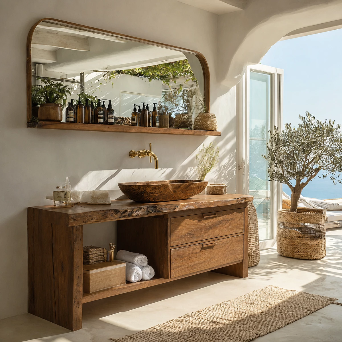 Live Edge Bathroom Vanity with Open Shelf and Dual Drawers in Natural Solid Wood