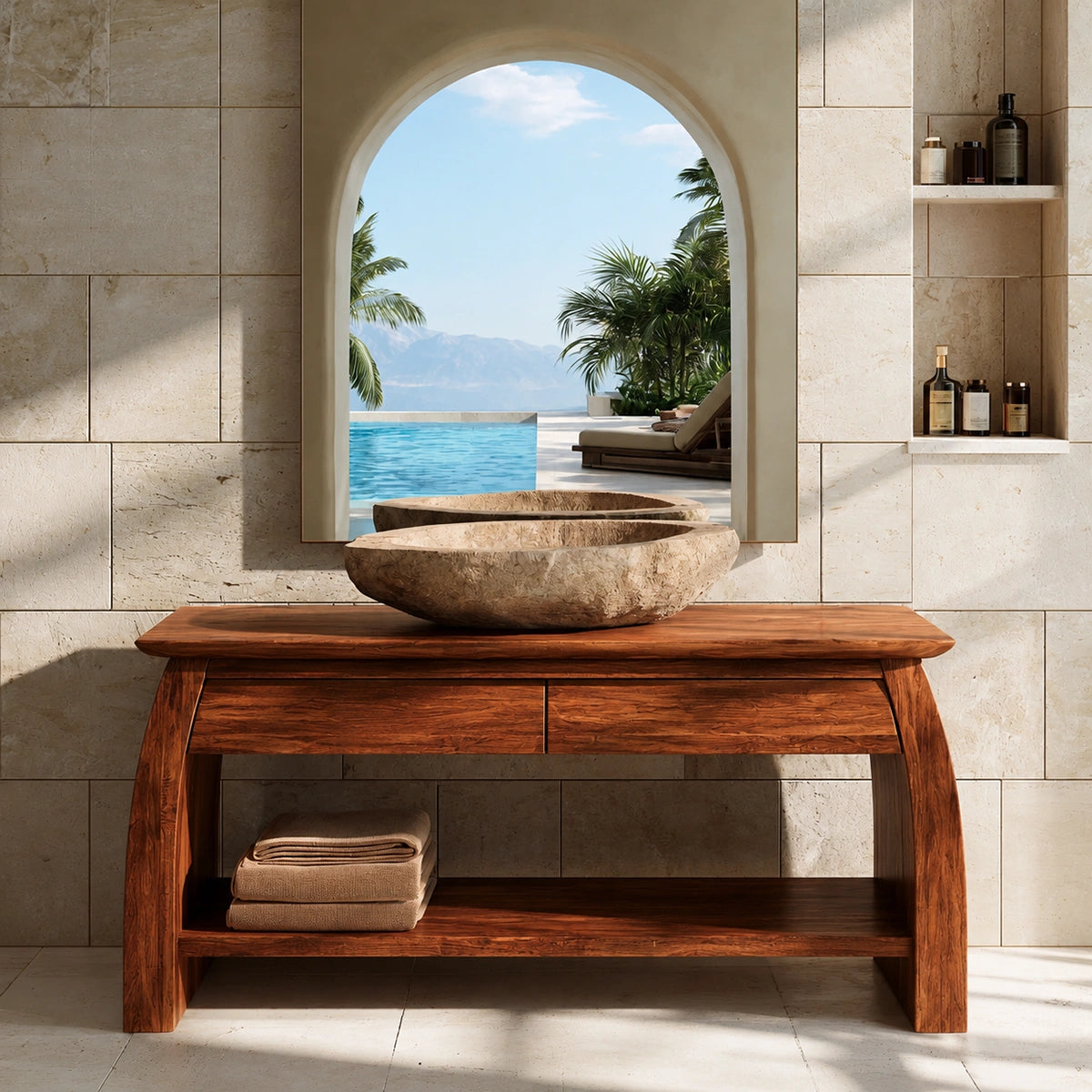 Natural Solid Wood Double Bathroom Vanity with 2 Drawers and Open Shelf