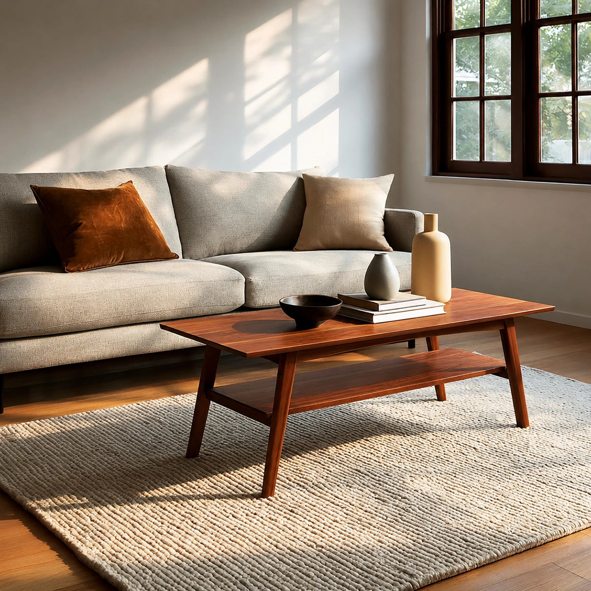 Natural Solid Wood Coffee Table with Lower Shelf and Tapered Legs