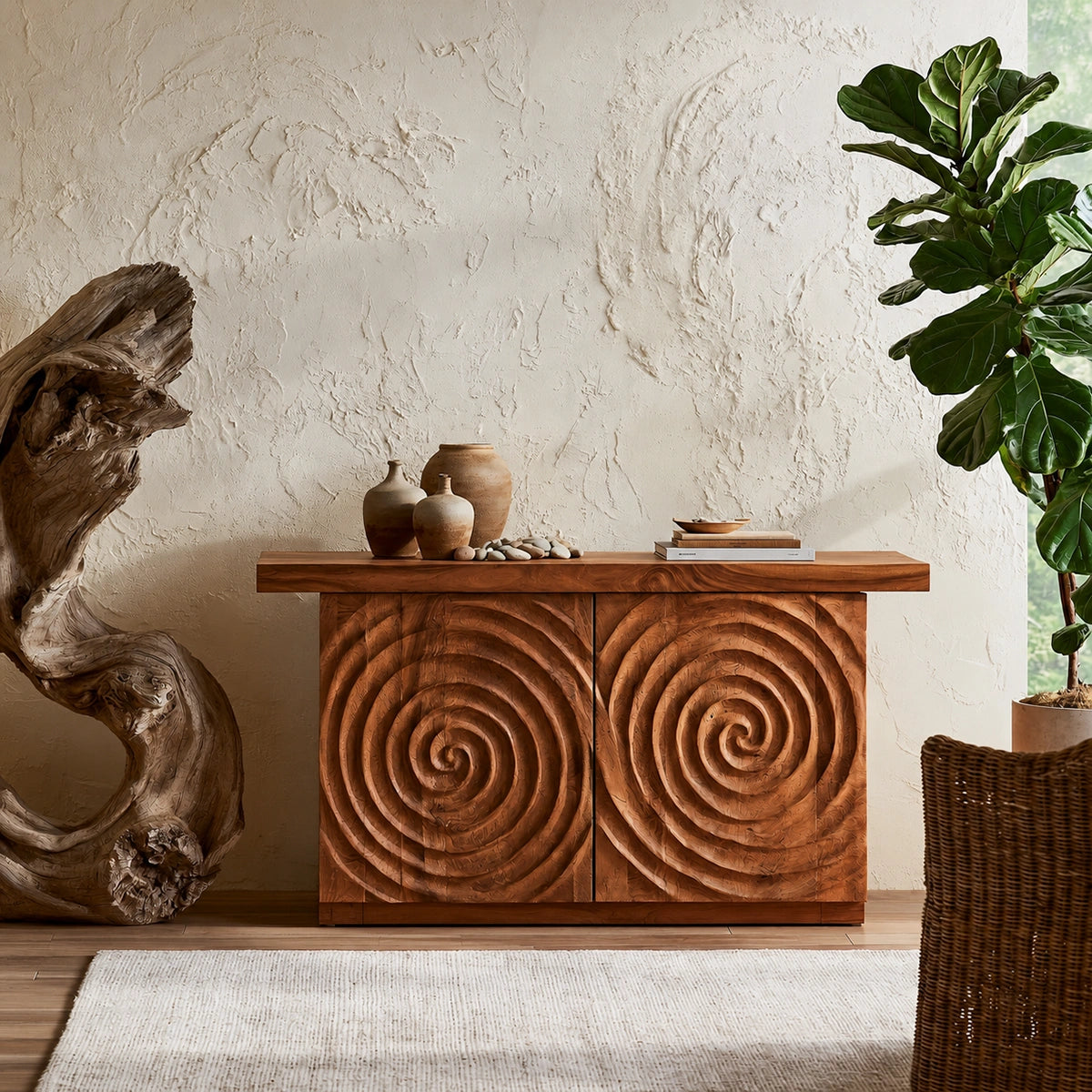 Spiral Carved Natural Solid Wood Sideboard Cabinet with Concealed Storage