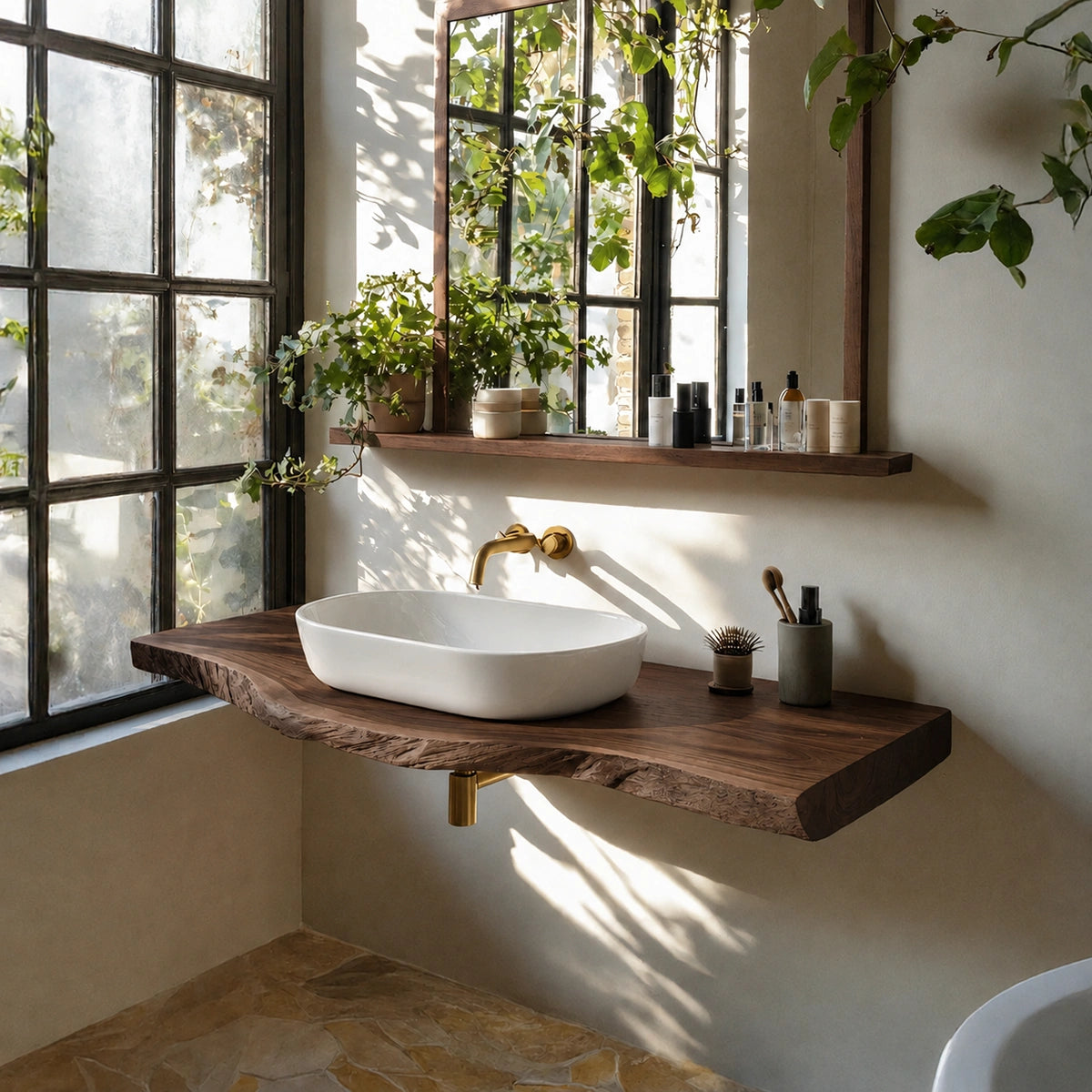 Natural Solid Wood Floating Bathroom Vanity with Sculptural Live Edge Top