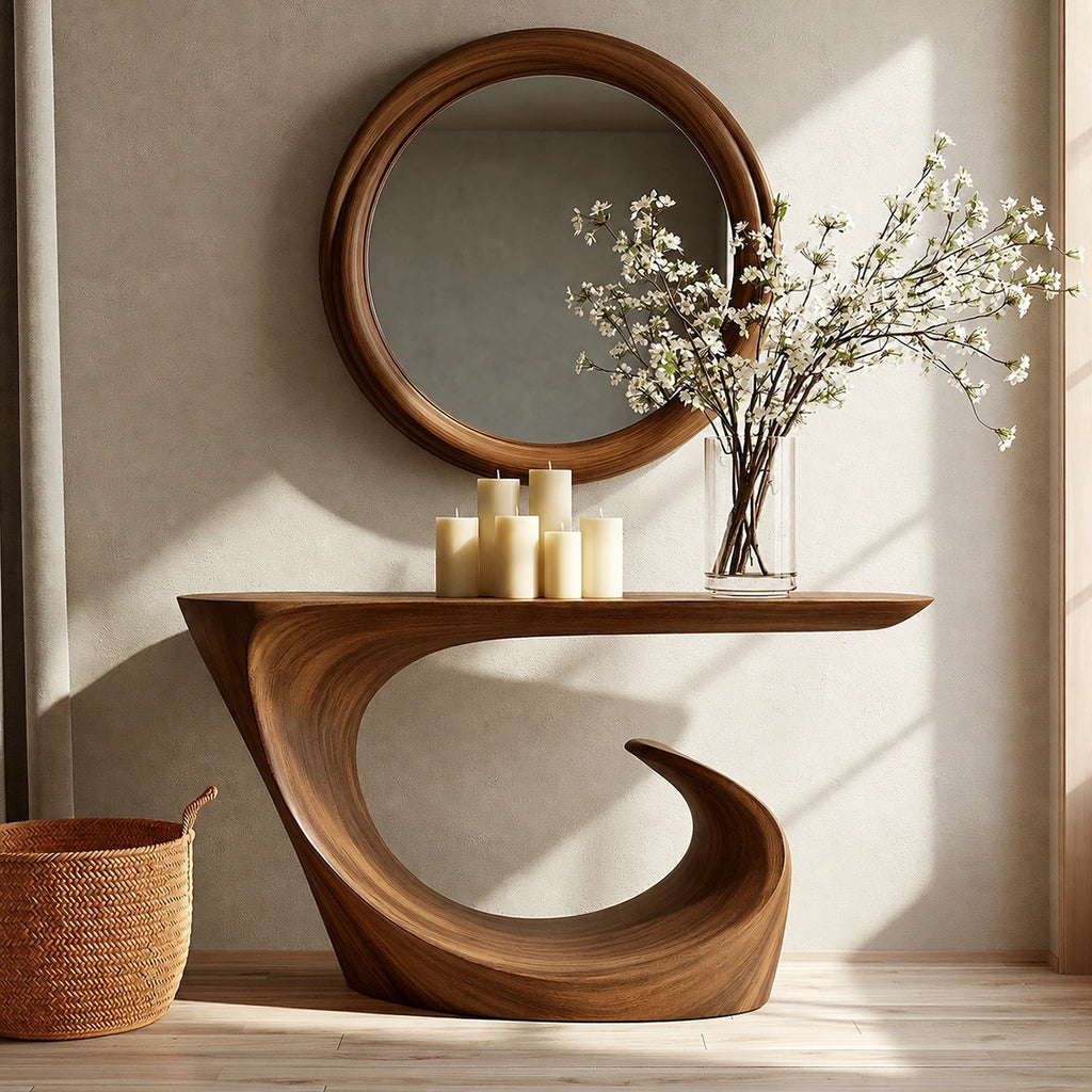 Wave Form Natural Solid Wood Console Table for Modern Entryways