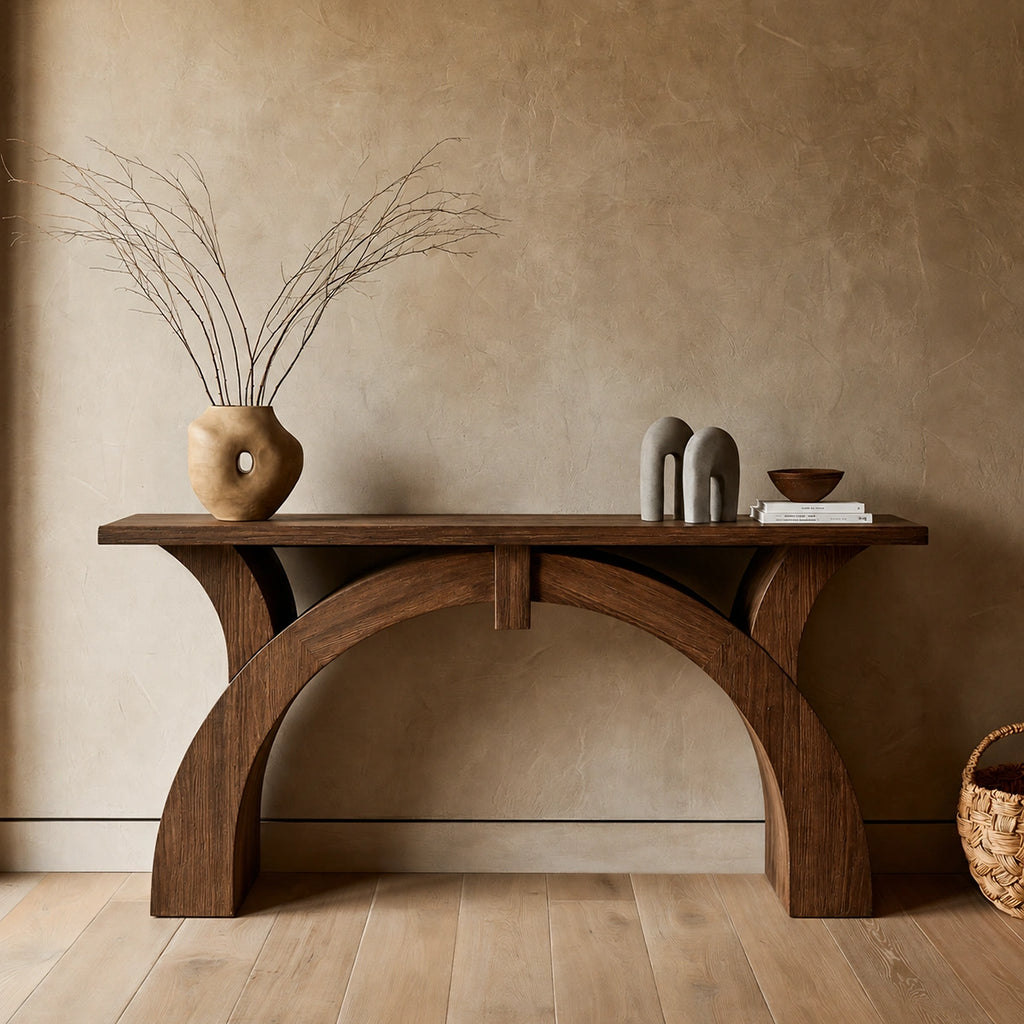 Arched Natural Solid Wood Console Table for Entryway and Hallway