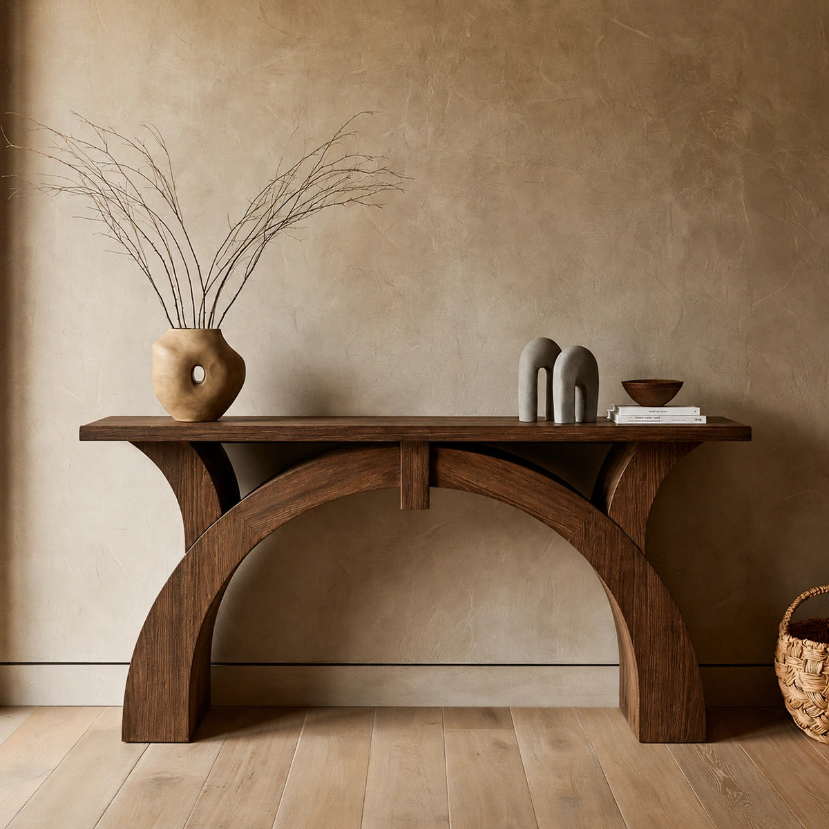 Arched Natural Solid Wood Console Table for Entryway and Hallway