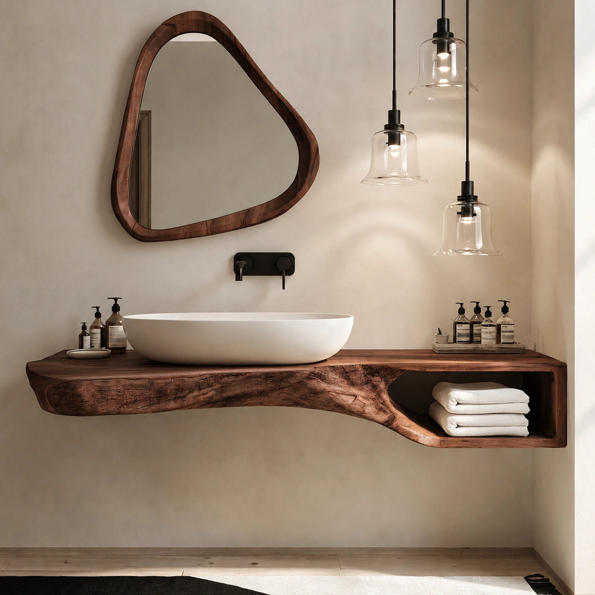 Natural Solid Wood Floating Bathroom Vanity with Open Towel Shelf