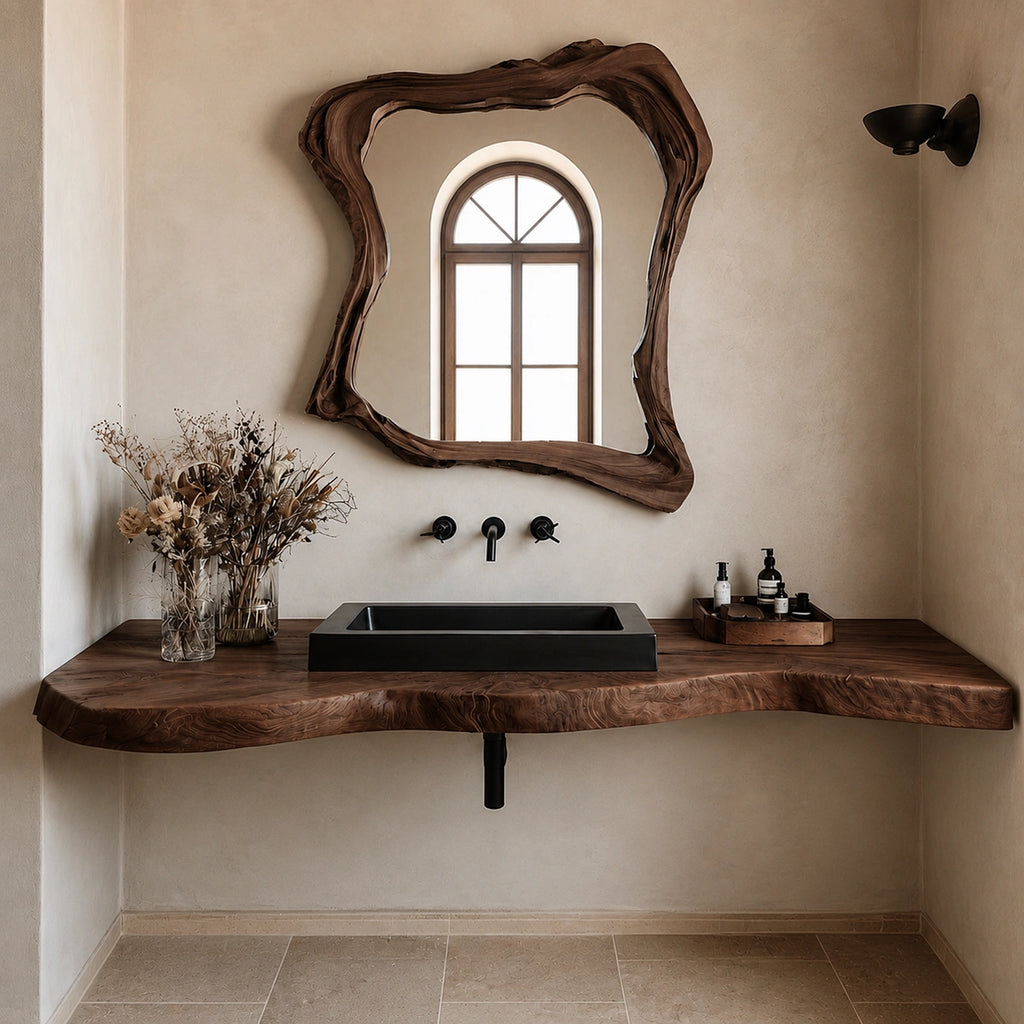 Natural Solid Wood Floating Bathroom Vanity with Hand Sculpted Live Edge