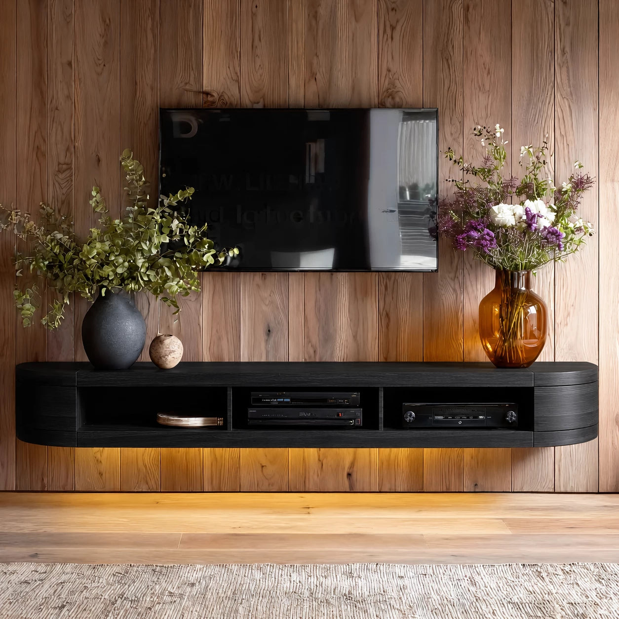 Wall Mounted Natural Solid Wood TV Stand with Open Media Storage Design