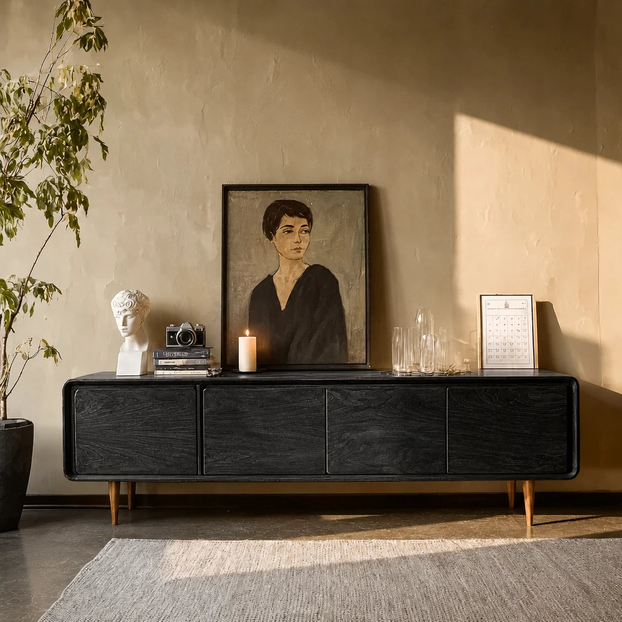 Low Profile Natural Solid Wood TV Stand with Rounded Four Door Storage