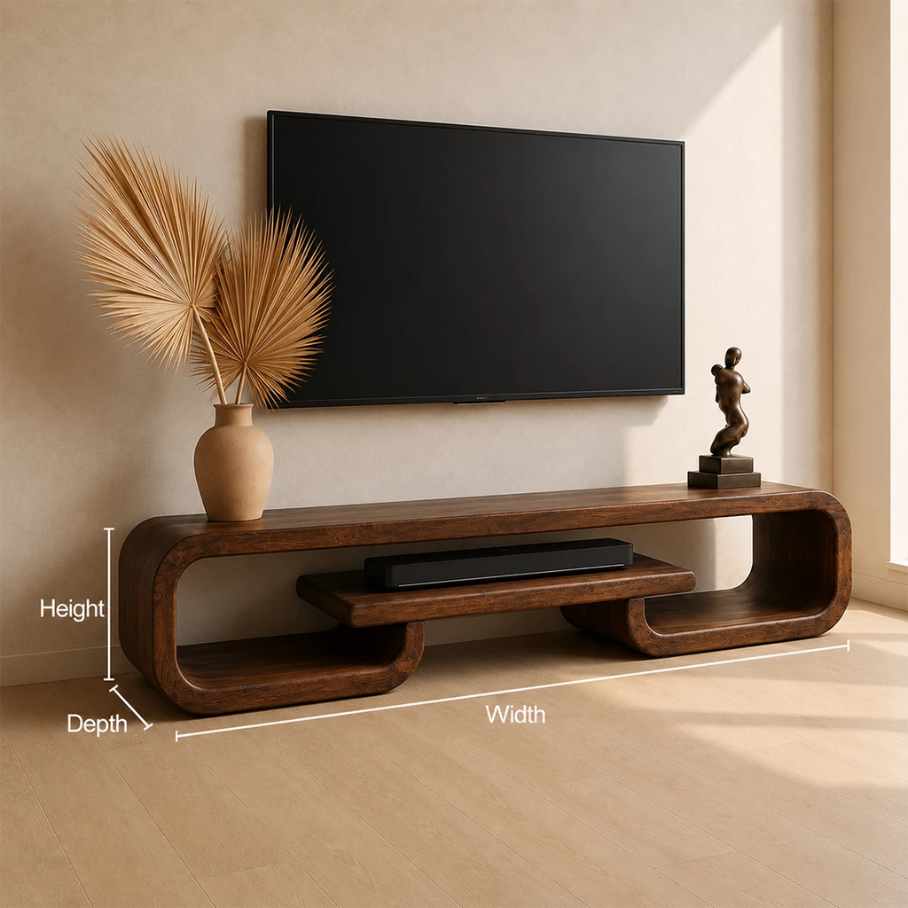 Natural Solid Wood TV Stand with Sculptural Loop Frame and Open Media Shelf
