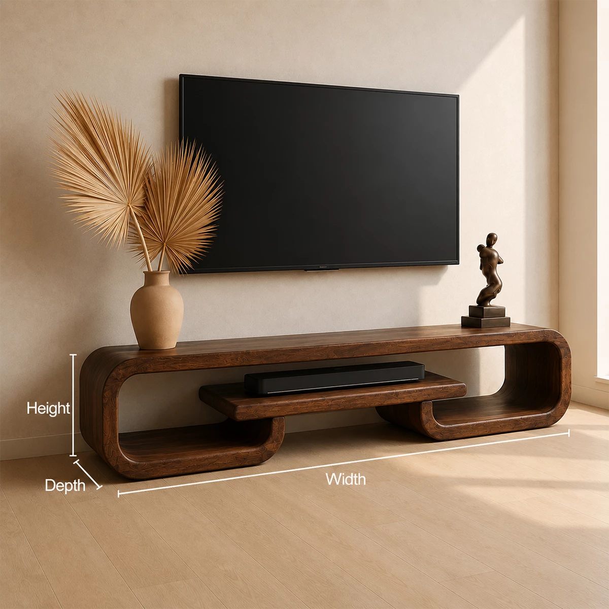 Natural Solid Wood TV Stand with Sculptural Loop Frame and Open Media Shelf